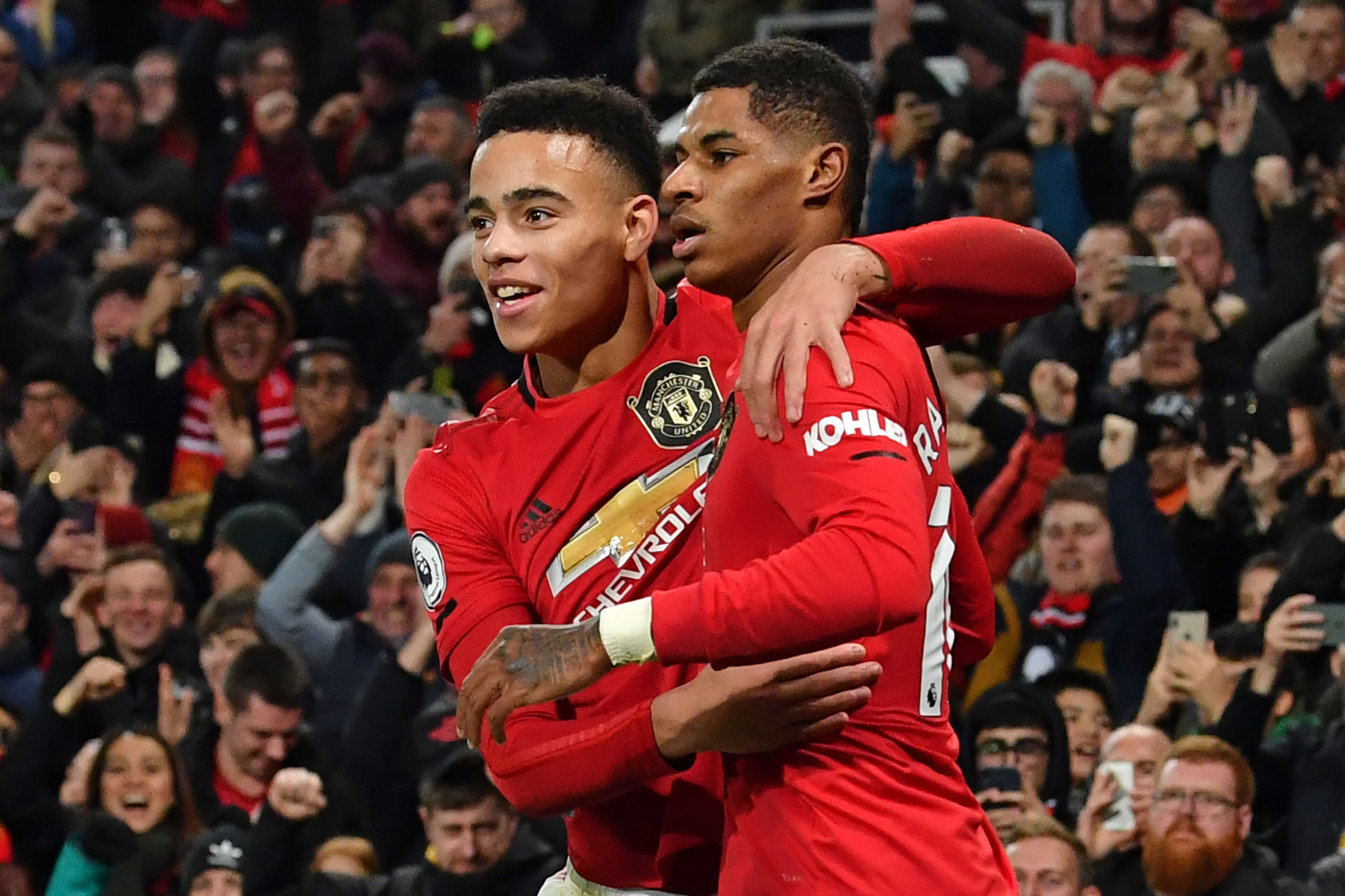 Manchester United's English striker Marcus Rashford (R) celebrates with Manchester United's English striker Mason Greenwood (L) after scoring their third goal during the English Premier League football match between Manchester United and Newcastle United 