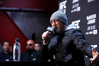 LAS VEGAS, NEVADA - JANUARY 16: Welterweight fighter Conor McGregor responds to a question during the UFC 246 Ultimate Media Day on January 16, 2020 in Las Vegas, Nevada. McGregor will face Donald Cerrone at UFC 246 on Jan. 18 in Las Vegas. (Photo by Stev