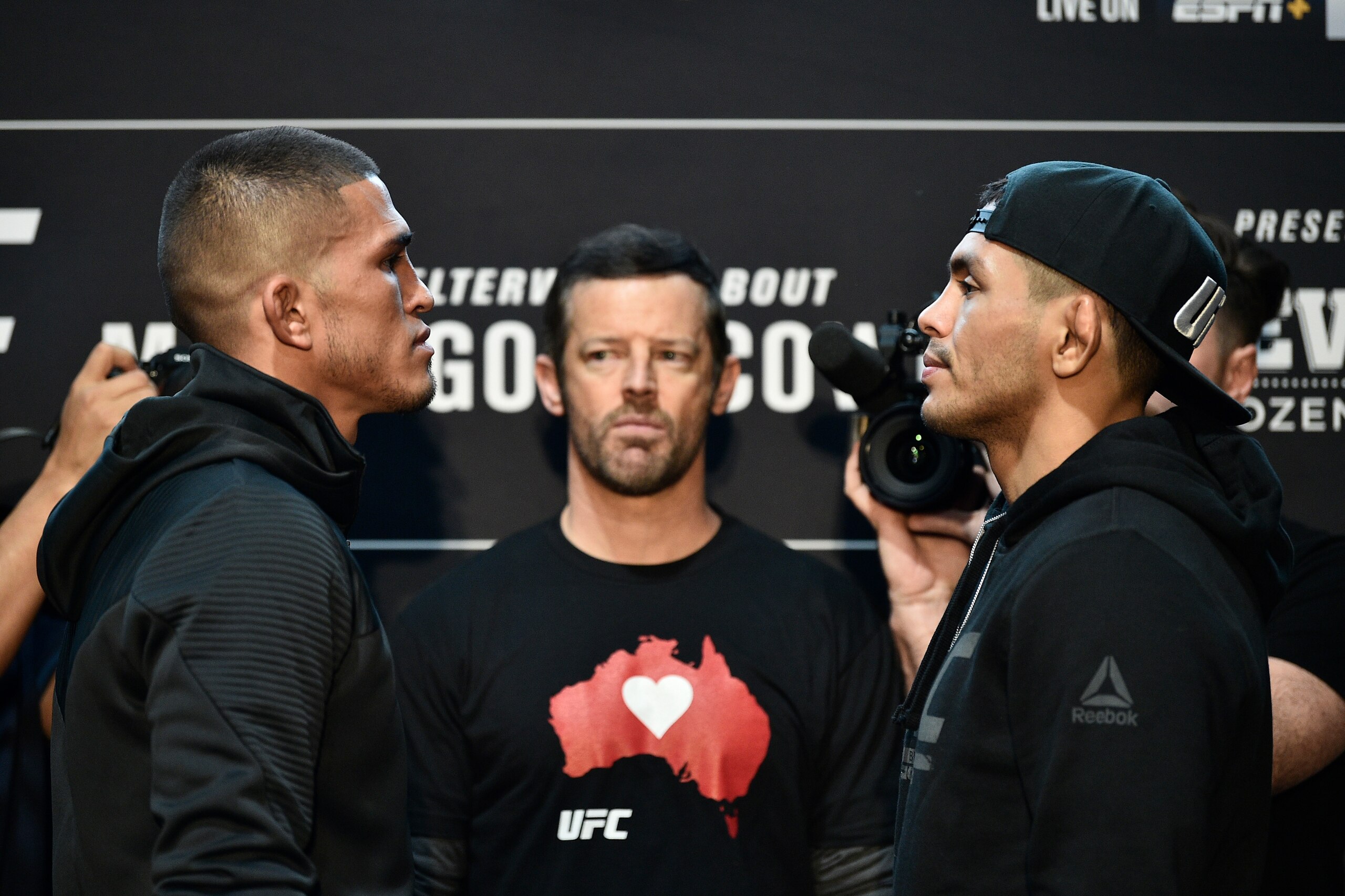 LAS VEGAS, NV - JANUARY 16:  (L-R) Anthony Pettis and Diego Ferreira of Brazil face off during the UFC 246 Ultimate Media Day at UFC APEX on January 16, 2020 in Las Vegas, Nevada. (Photo by Chris Unger/Zuffa LLC via Getty Images)