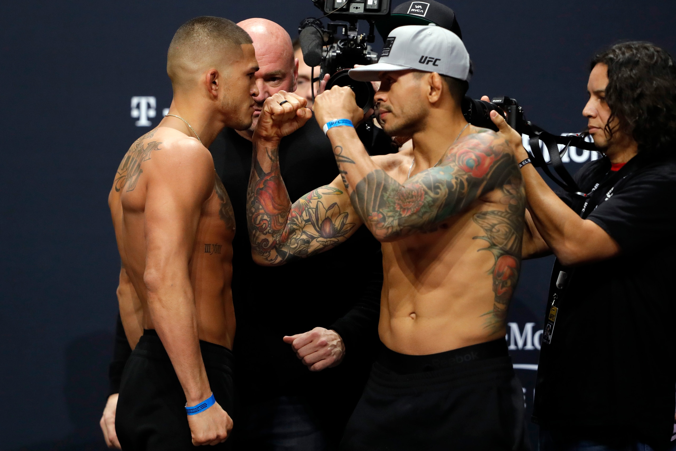 LAS VEGAS, NEVADA - JANUARY 17:  Lightweight fighters Anthony Pettis (L) and Carlos Diego Ferreira pose during a ceremonial weigh-in for UFC 246 at Park Theater at Park MGM on January 17, 2020 in Las Vegas, Nevada.  (Photo by Steve Marcus/Getty Images)