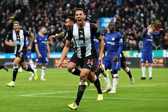 NEWCASTLE UPON TYNE, ENGLAND - JANUARY 18: Isaac Hayden of Newcastle United celebrates scoring the opening goal during the Premier League match between Newcastle United and Chelsea FC at St. James Park on January 18, 2020 in Newcastle upon Tyne, United Ki NEWCASTLE UPON TYNE, ENGLAND - JANUARY 18: Isaac Hayden of Newcastle United celebrates scoring the opening goal during the Premier League match between Newcastle United and Chelsea FC at St. James Park on January 18, 2020 in Newcastle upon Tyne, United Ki