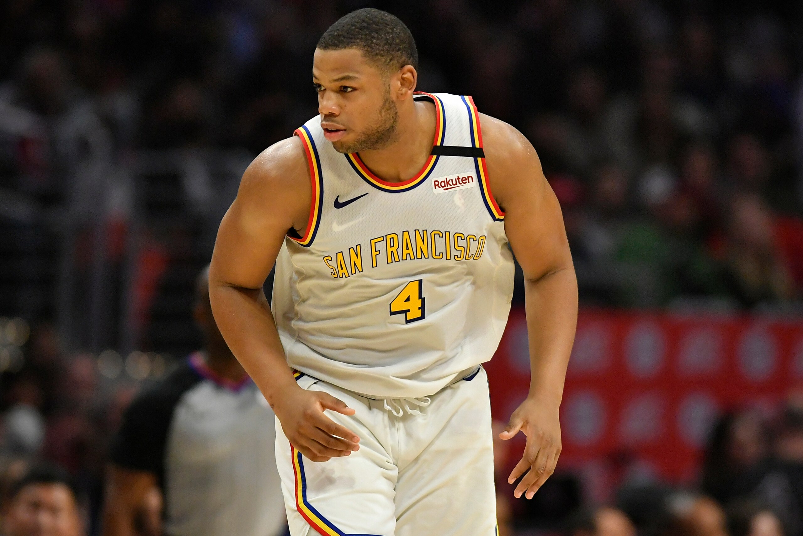 LOS ANGELES, CA - JANUARY 10: Omari Spellman #4 of the Golden State Warriors while playing the LA Clippers at Staples Center on January 10, 2020 in Los Angeles, California. NOTE TO USER: User expressly acknowledges and agrees that, by downloading and/or u