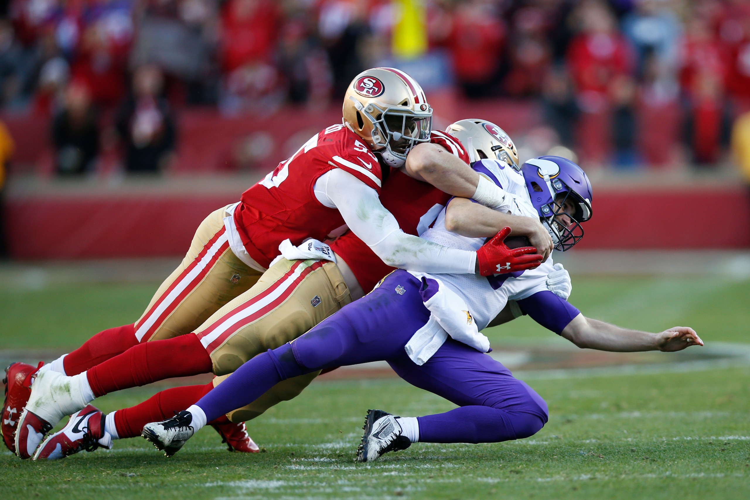 SANTA CLARA, CA - JANUARY 11: Dee Ford #55 and Nick Bosa #97 of the San Francisco 49ers sack Kirk Cousins #8 of the Minnesota Vikings during the game at Levi's Stadium on January 11, 2020 in Santa Clara, California. The 49ers defeated the Vikings 27-10. ( SANTA CLARA, CA - JANUARY 11: Dee Ford #55 and Nick Bosa #97 of the San Francisco 49ers sack Kirk Cousins #8 of the Minnesota Vikings during the game at Levi's Stadium on January 11, 2020 in Santa Clara, California. The 49ers defeated the Vikings 27-10. (