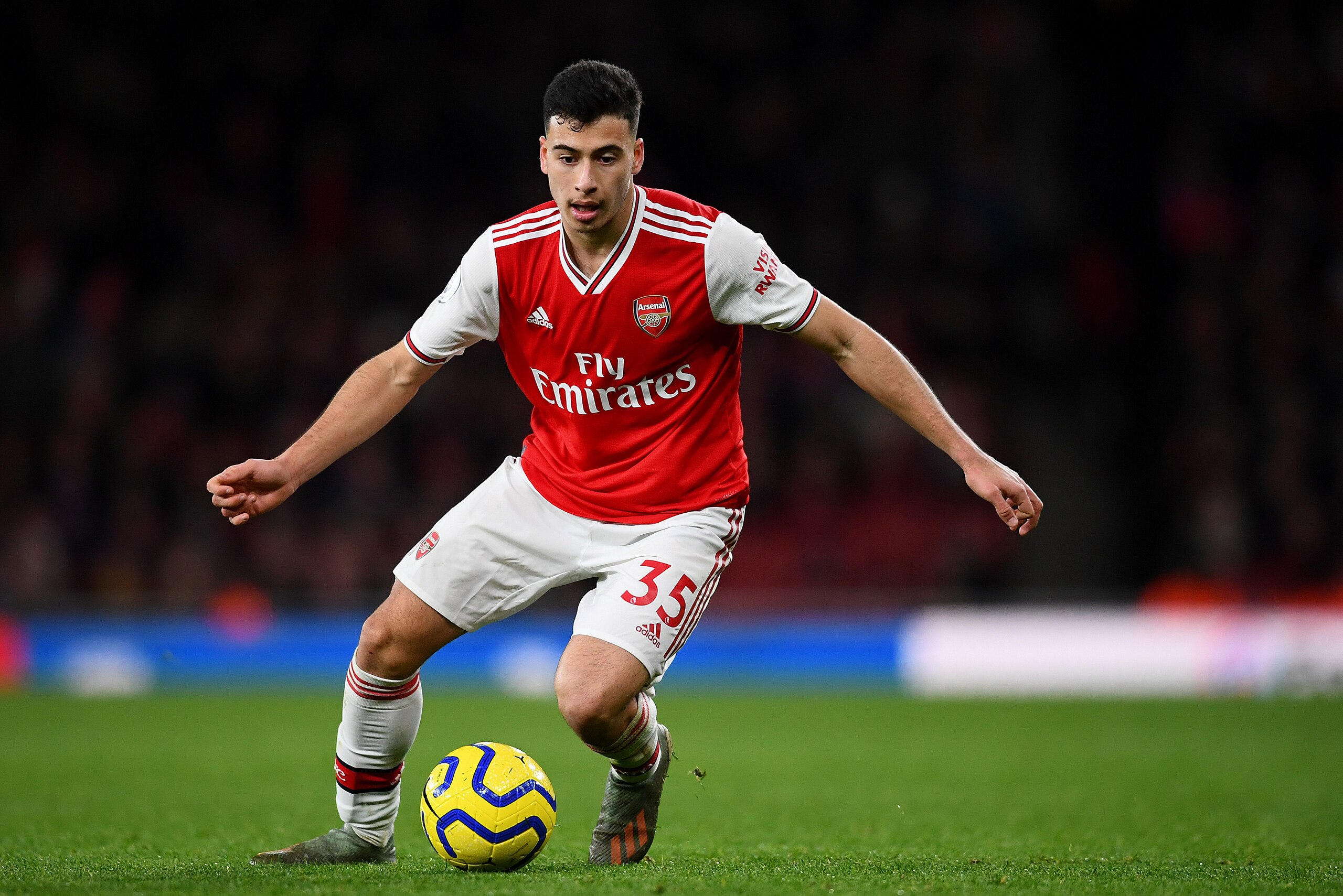 LONDON, ENGLAND - JANUARY 18: Gabriel Martinelli of Arsenal in action during the Premier League match between Arsenal FC and Sheffield United at Emirates Stadium on January 18, 2020 in London, United Kingdom. (Photo by Clive Mason/Getty Images)