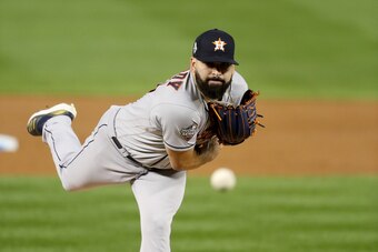 WASHINGTON, DC - OCTOBER 26: Jose Urquidy #65 of the Houston Astros pitches against the Washington Nationals during Game Four of the 2019 World Series at Nationals Park on October 26, 2019 in Washington, DC. (Photo by Will Newton/Getty Images)