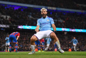 MANCHESTER, ENGLAND - JANUARY 18: Sergio Aguero of Manchester City celebrates scoring his second goal during the Premier League match between Manchester City and Crystal Palace at Etihad Stadium on January 18, 2020 in Manchester, United Kingdom. (Photo by