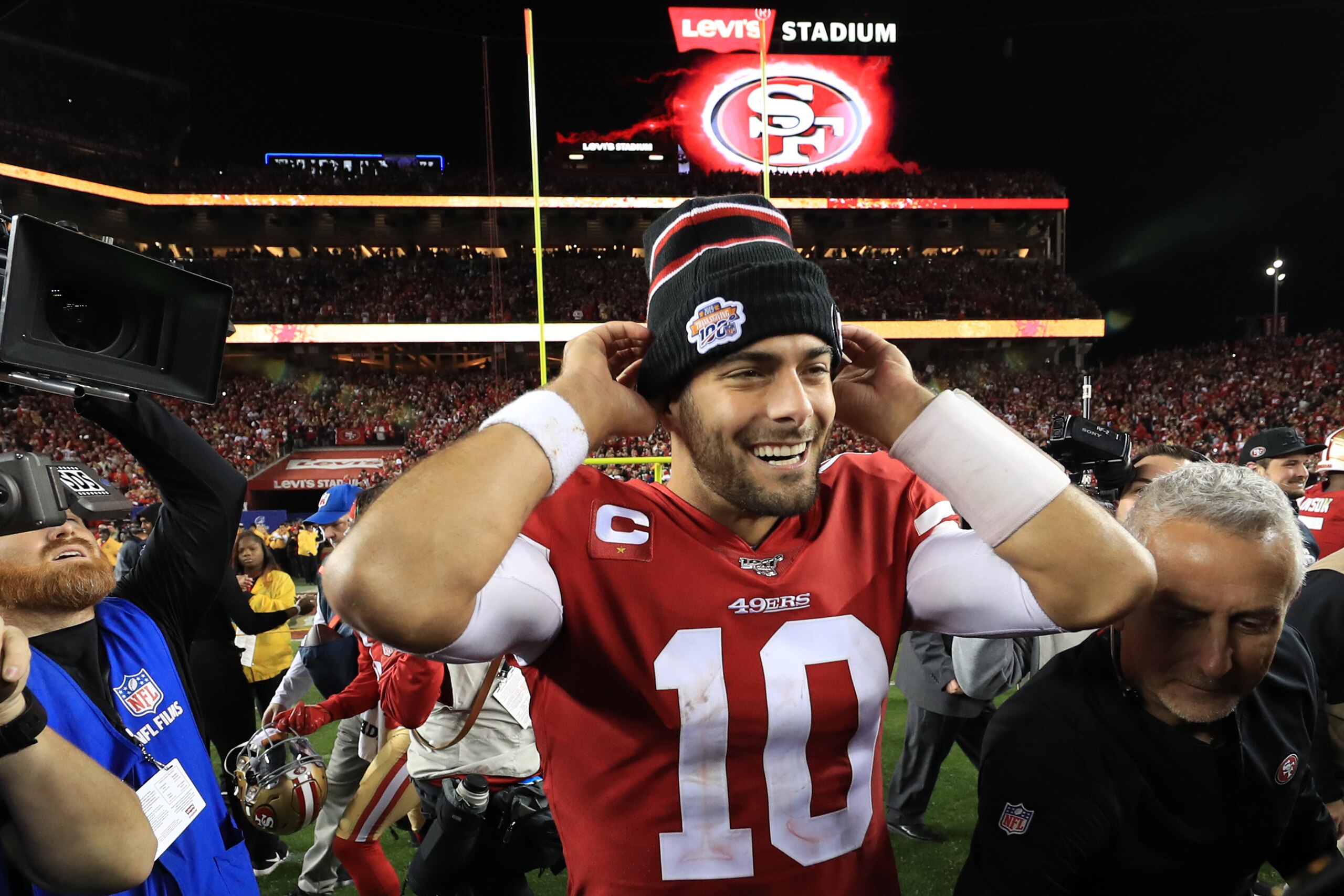 SANTA CLARA, CALIFORNIA - JANUARY 19: Jimmy Garoppolo #10 of the San Francisco 49ers celebrates after winning the NFC Championship game against the Green Bay Packers at Levi's Stadium on January 19, 2020 in Santa Clara, California. The 49ers beat the Pack