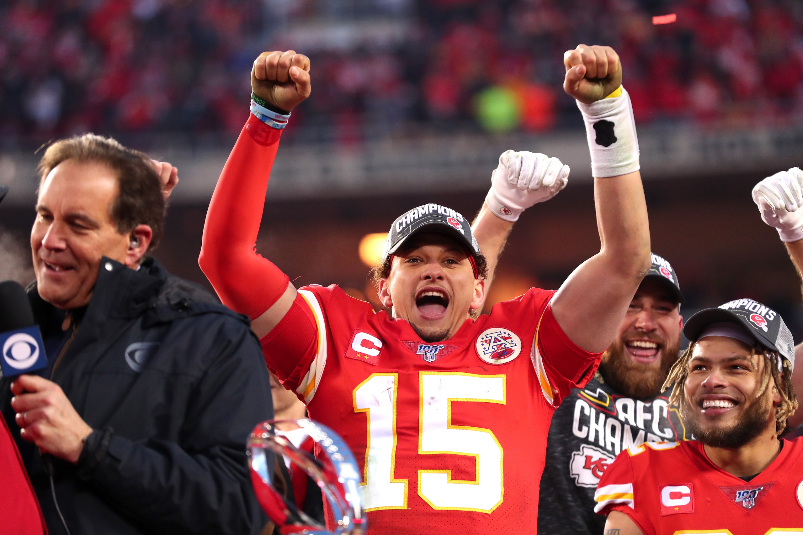 KANSAS CITY, MISSOURI - JANUARY 19: Patrick Mahomes #15 of the Kansas City Chiefs reacts after defeating the Tennessee Titans in the AFC Championship Game at Arrowhead Stadium on January 19, 2020 in Kansas City, Missouri. The Chiefs defeated the Titans 35