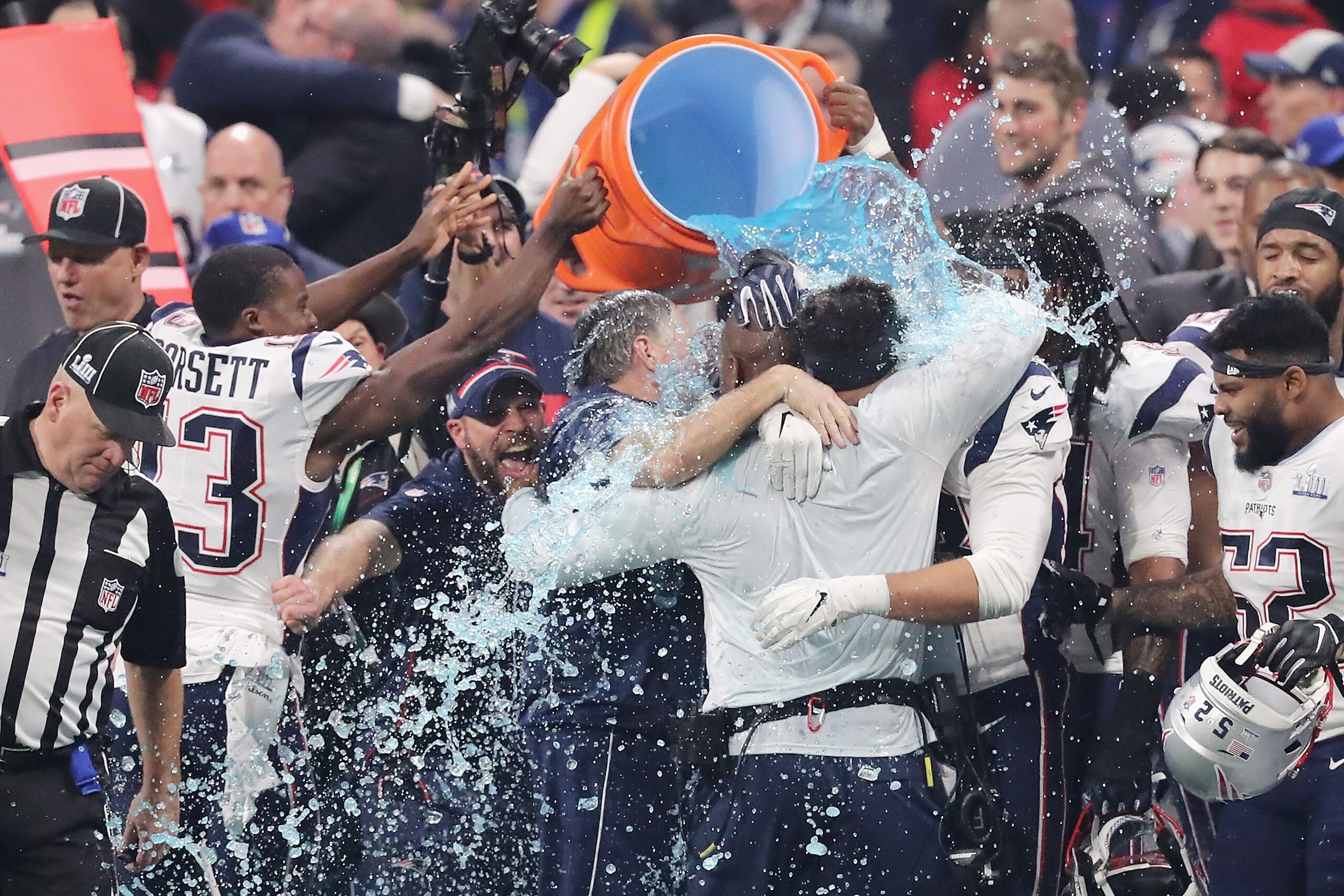 ATLANTA, GA - FEBRUARY 03:  New England Patriots players give head coach Bill Belichick a Gatorade shower after winning the Super Bowl LIII at Mercedes-Benz Stadium on February 3, 2019 in Atlanta, Georgia. The New England Patriots defeat the Los  Angeles 