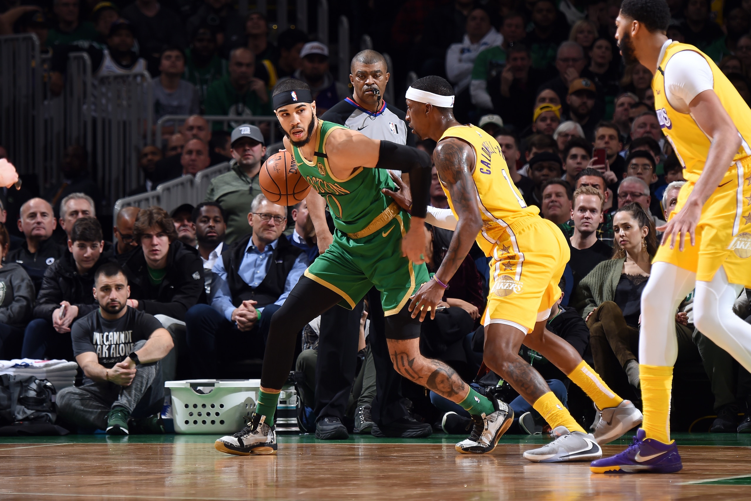 BOSTON, MA - JANUARY 20: Jayson Tatum #0 of the Boston Celtics handles the ball during the game against the Los Angeles Lakers on January 20, 2020 at the TD Garden in Boston, Massachusetts.  NOTE TO USER: User expressly acknowledges and agrees that, by do