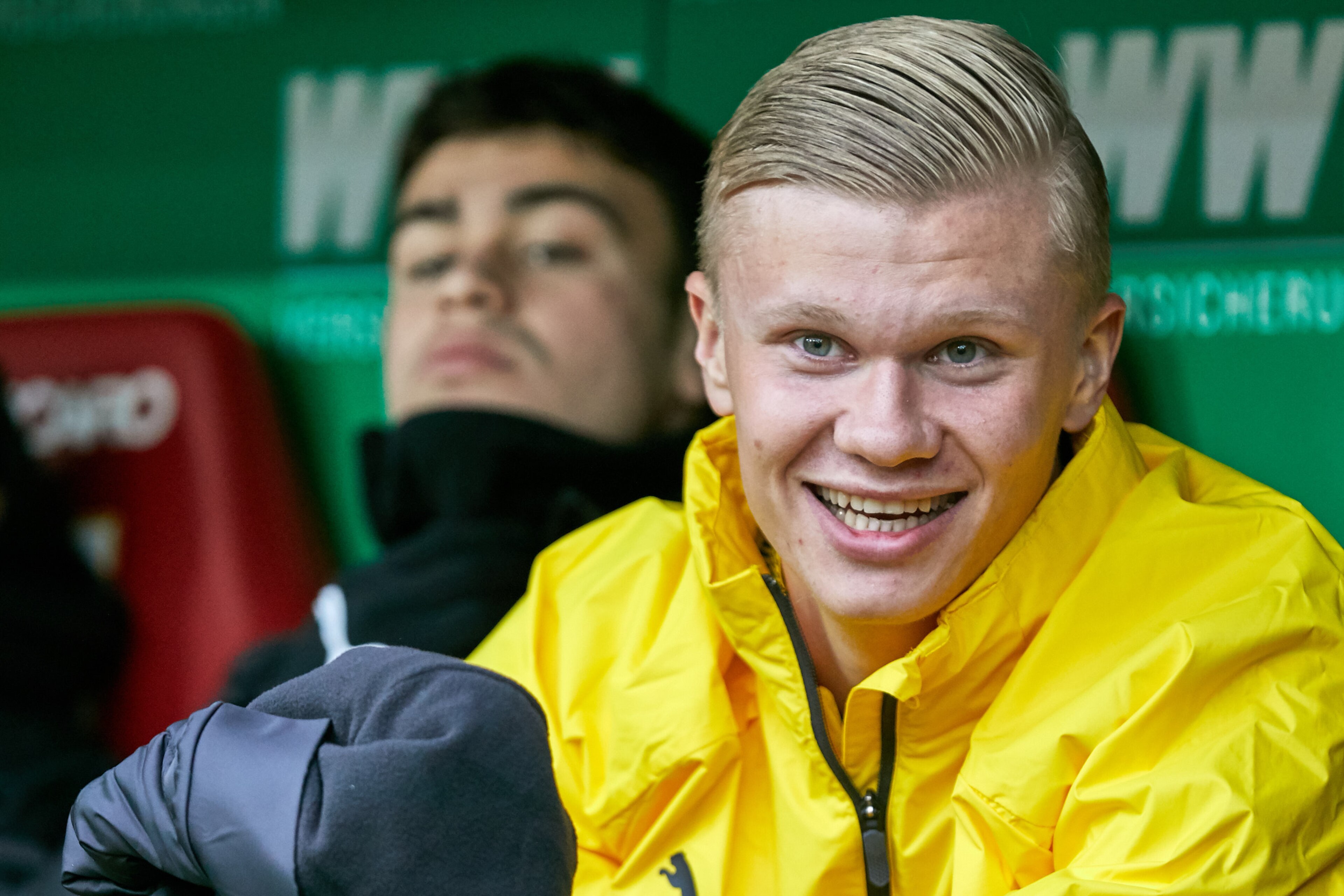 AUGSBURG, GERMANY - JANUARY 18: (BILD ZEITUNG OUT) Erling Haaland of Borussia Dortmund sits on the bench during the Bundesliga match between FC Augsburg and Borussia Dortmund at WWK-Arena on January 18, 2020 in Augsburg, Germany. (Photo by TF-Images/Getty