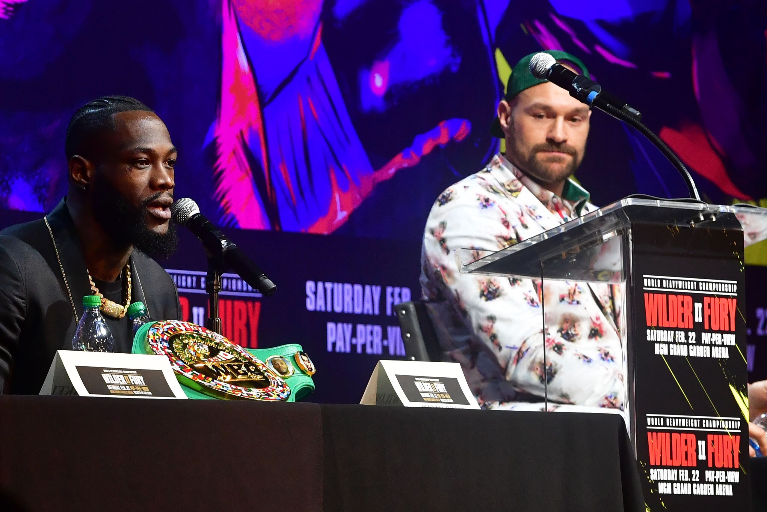 Boxers Deontay Wilder (L) and Tyson Fury (R) took turns addressing the media at a press conference in Los Angeles, California on January 13, 2020 ahead of their re-match fight in Las Vegas on February 22. (Photo by Frederic J. BROWN / AFP) (Photo by FREDE