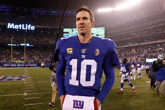 EAST RUTHERFORD, NEW JERSEY - DECEMBER 29:  (NEW YORK DAILIES OUT)   Eli Manning #10 of the New York Giants walks on the field after a game against the Philadelphia Eagles at MetLife Stadium on December 29, 2019 in East Rutherford, New Jersey. The Eagles 