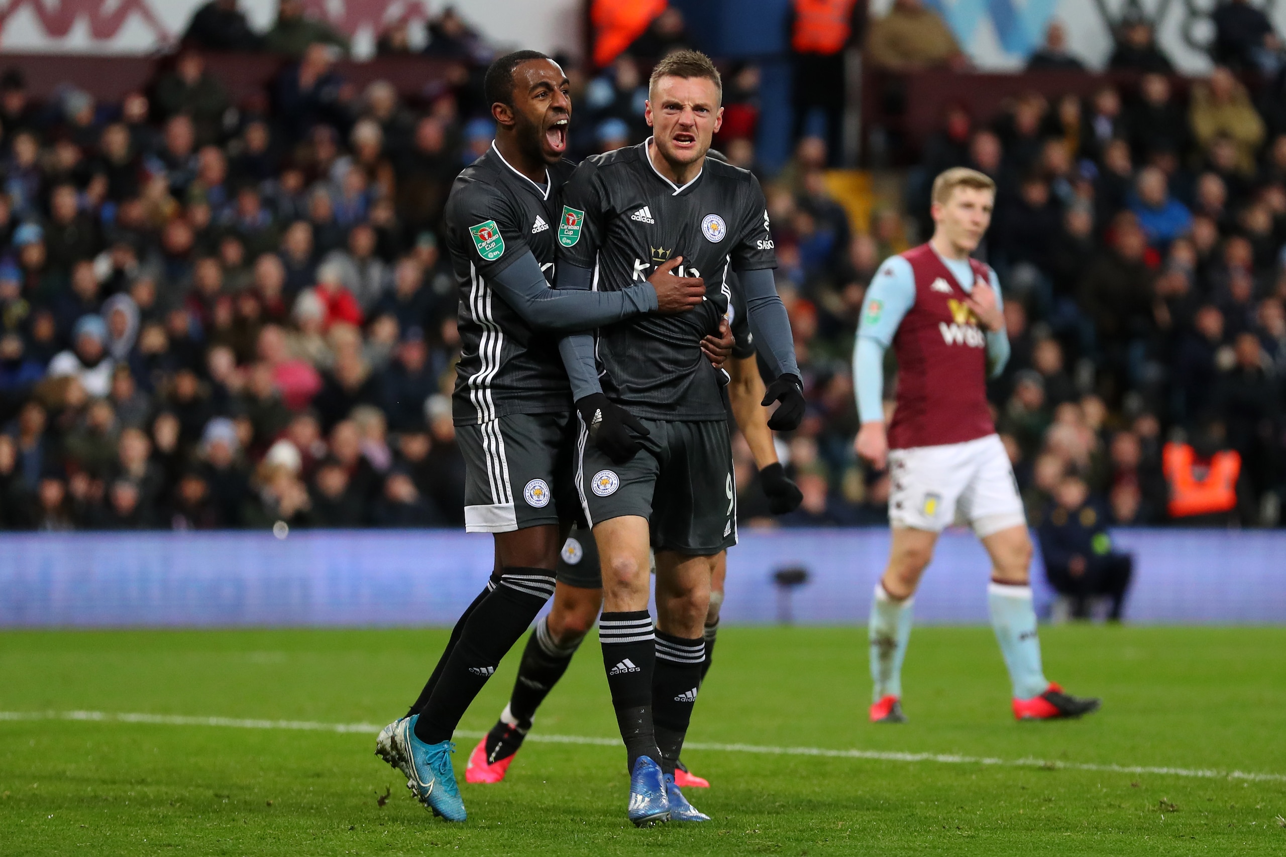 BIRMINGHAM, ENGLAND - JANUARY 28:  Jamie Vardy and Ricardo Pereira celebrate the goal scored by team mate Kelechi Iheanacho of Leicester City during the Carabao Cup Semi Final match between Aston Villa and Leicester City at Villa Park on January 28, 2020 