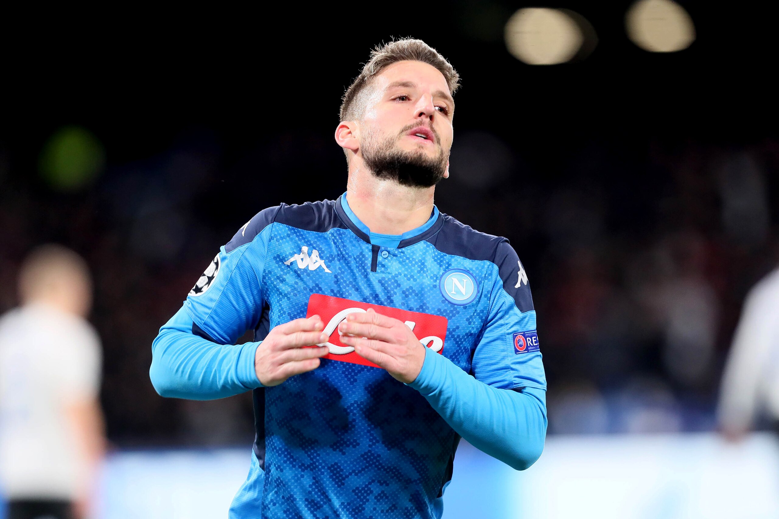 NAPLES, ITALY - DECEMBER 10: Dries Mertens of SSC Napoli celebrates after his penalty goal 4-0 during the UEFA Champions League group E match between SSC Napoli and KRC Genk at Stadio San Paolo on December 10, 2019 in Naples, Italy. (Photo by MB Media/Get