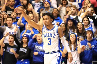 DURHAM, NORTH CAROLINA - JANUARY 21: Tre Jones #3 of the Duke Blue Devils reacts after a play against the Miami (Fl) Hurricanes at Cameron Indoor Stadium on January 21, 2020 in Durham, North Carolina. (Photo by Streeter Lecka/Getty Images)