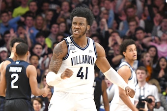 VILLANOVA, PA - JANUARY 21:  Saddiq Bey #41 of the Villanova Wildcats celebrates a shot during a college basketball game against the Butler Bulldogs at the Finneran Pavilion on January 21, 2020 in Villanova, Pennsylvania.  (Photo by Mitchell Layton/Getty 