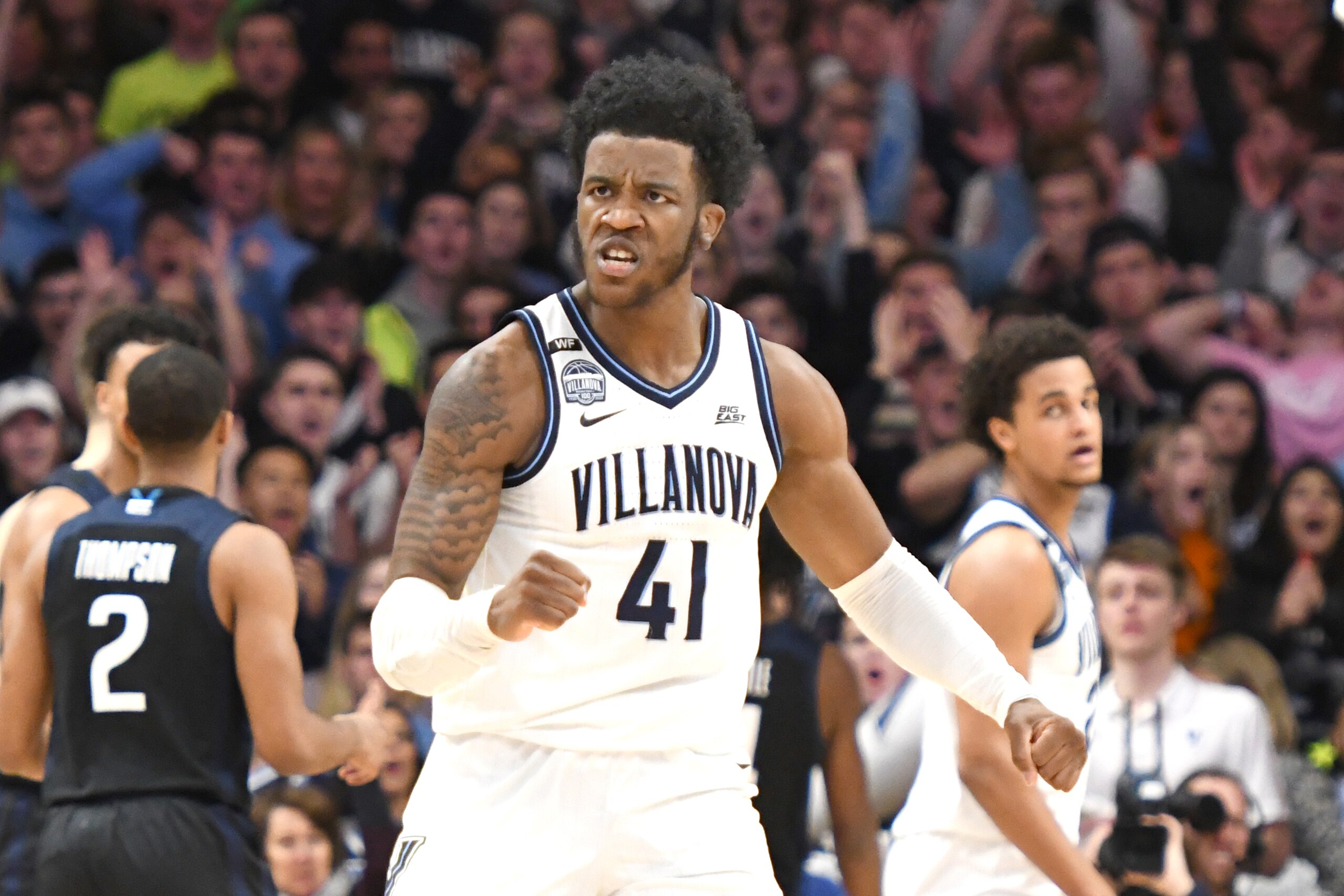 VILLANOVA, PA - JANUARY 21:  Saddiq Bey #41 of the Villanova Wildcats celebrates a shot during a college basketball game against the Butler Bulldogs at the Finneran Pavilion on January 21, 2020 in Villanova, Pennsylvania.  (Photo by Mitchell Layton/Getty 
