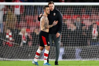 SOUTHAMPTON, ENGLAND - NOVEMBER 30:  Danny Ings of Southampton and Ralph Hasenhuttl, Manager of Southampton celebrate following their sides victory in the Premier League match between Southampton FC and Watford FC at St Mary's Stadium on November 30, 2019