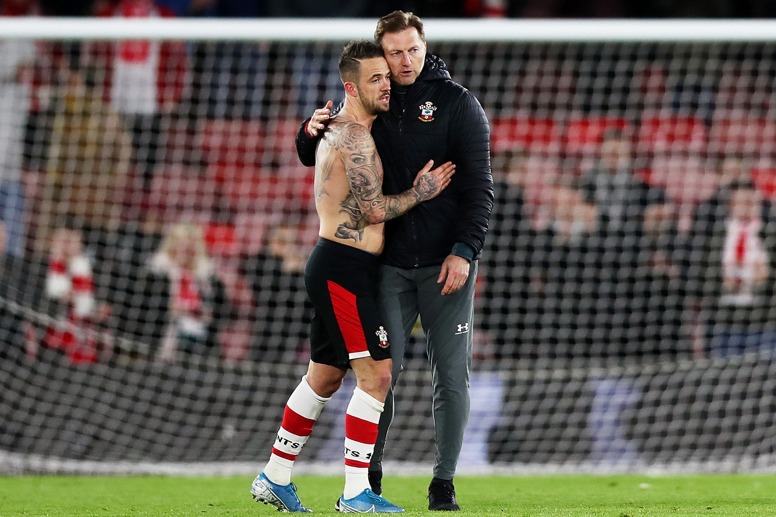 SOUTHAMPTON, ENGLAND - NOVEMBER 30:  Danny Ings of Southampton and Ralph Hasenhuttl, Manager of Southampton celebrate following their sides victory in the Premier League match between Southampton FC and Watford FC at St Mary's Stadium on November 30, 2019