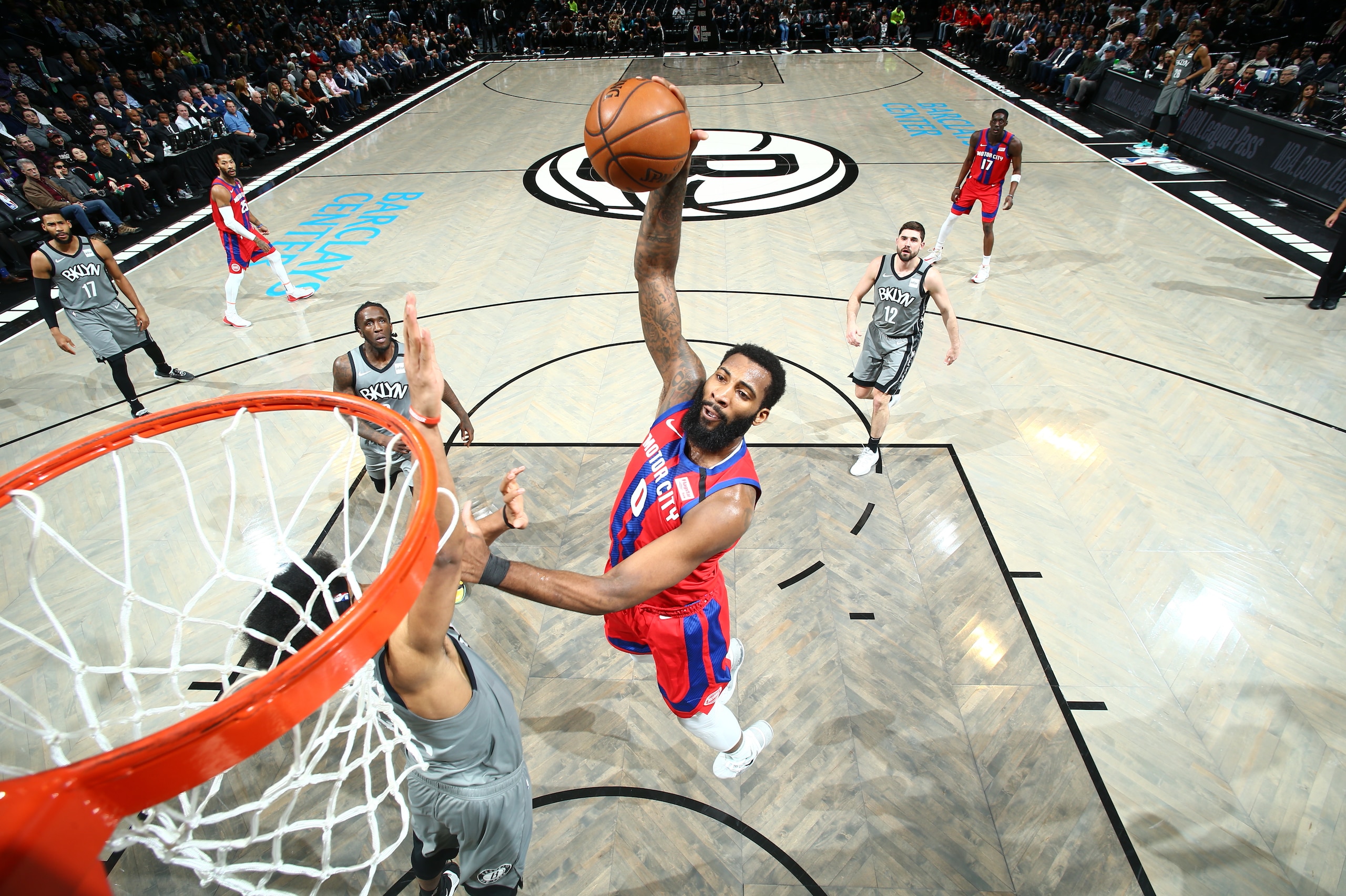 BROOKLYN, NY - JANUARY 29: Andre Drummond #0 of the Detroit Pistons dunks the ball against the Brooklyn Nets on January 29, 2020 at Barclays Center in Brooklyn, New York. NOTE TO USER: User expressly acknowledges and agrees that, by downloading and or usi