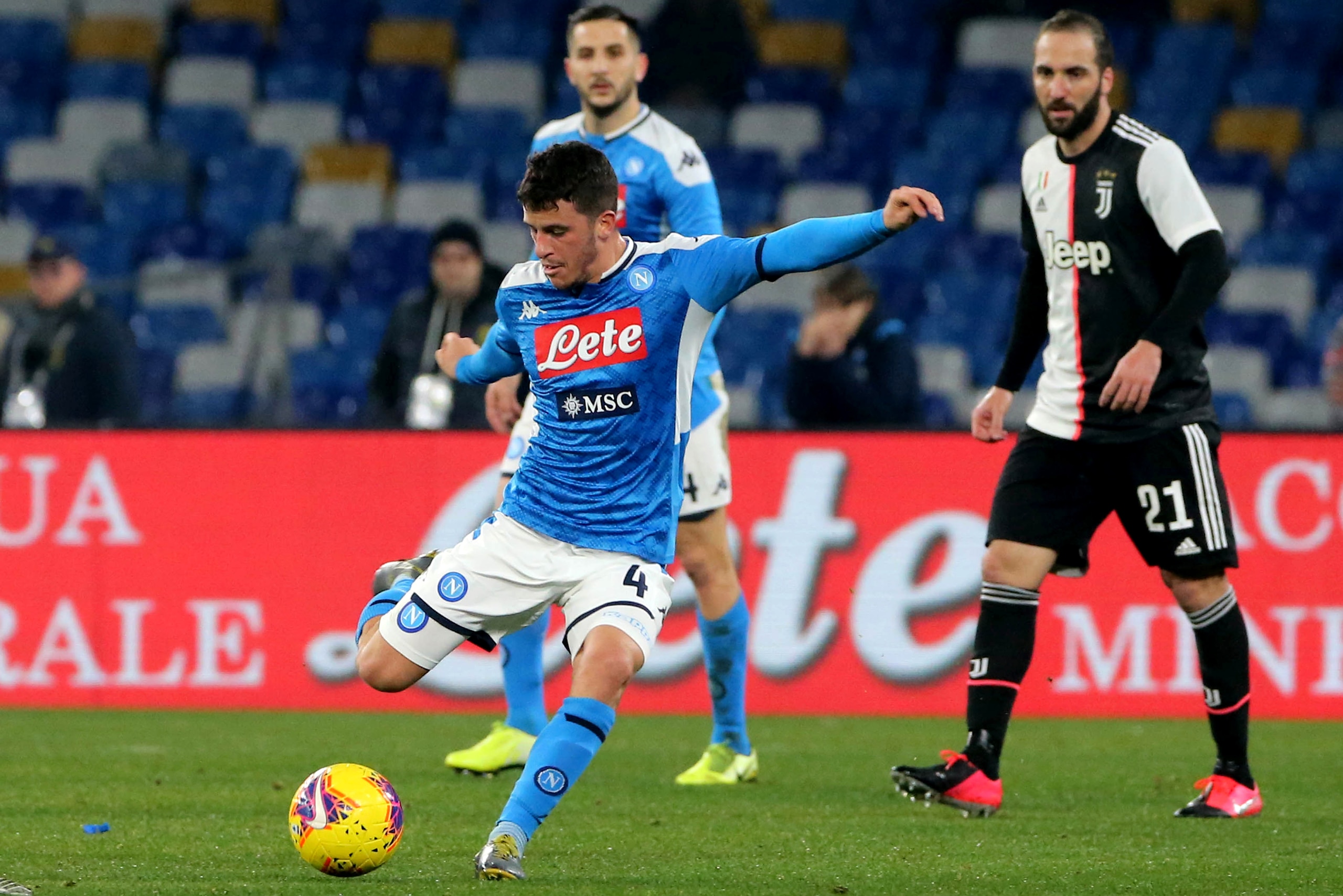 NAPLES, ITALY - JANUARY 26: Diego Demme of of SSC Napoli kicks the ball during the Serie A match between SSC Napoli and  Juventus at Stadio San Paolo on January 26, 2020 in Naples, Italy. (Photo by MB Media/Getty Images)