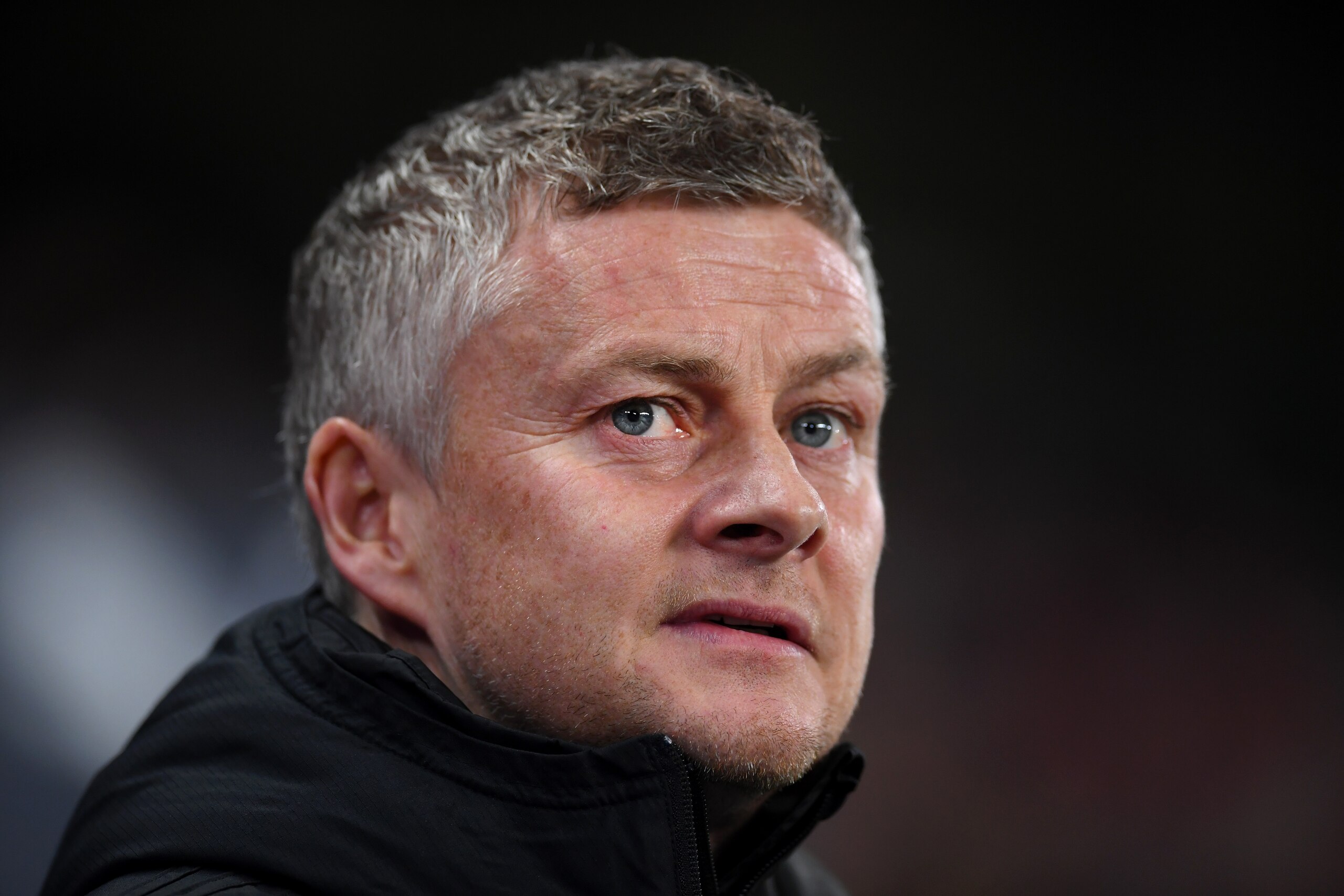 MANCHESTER, ENGLAND - JANUARY 29: Ole Gunnar Solskjaer, Manager of Manchester United looks on during the Carabao Cup Semi Final match between Manchester City and Manchester United at Etihad Stadium on January 29, 2020 in Manchester, England. (Photo by Lau