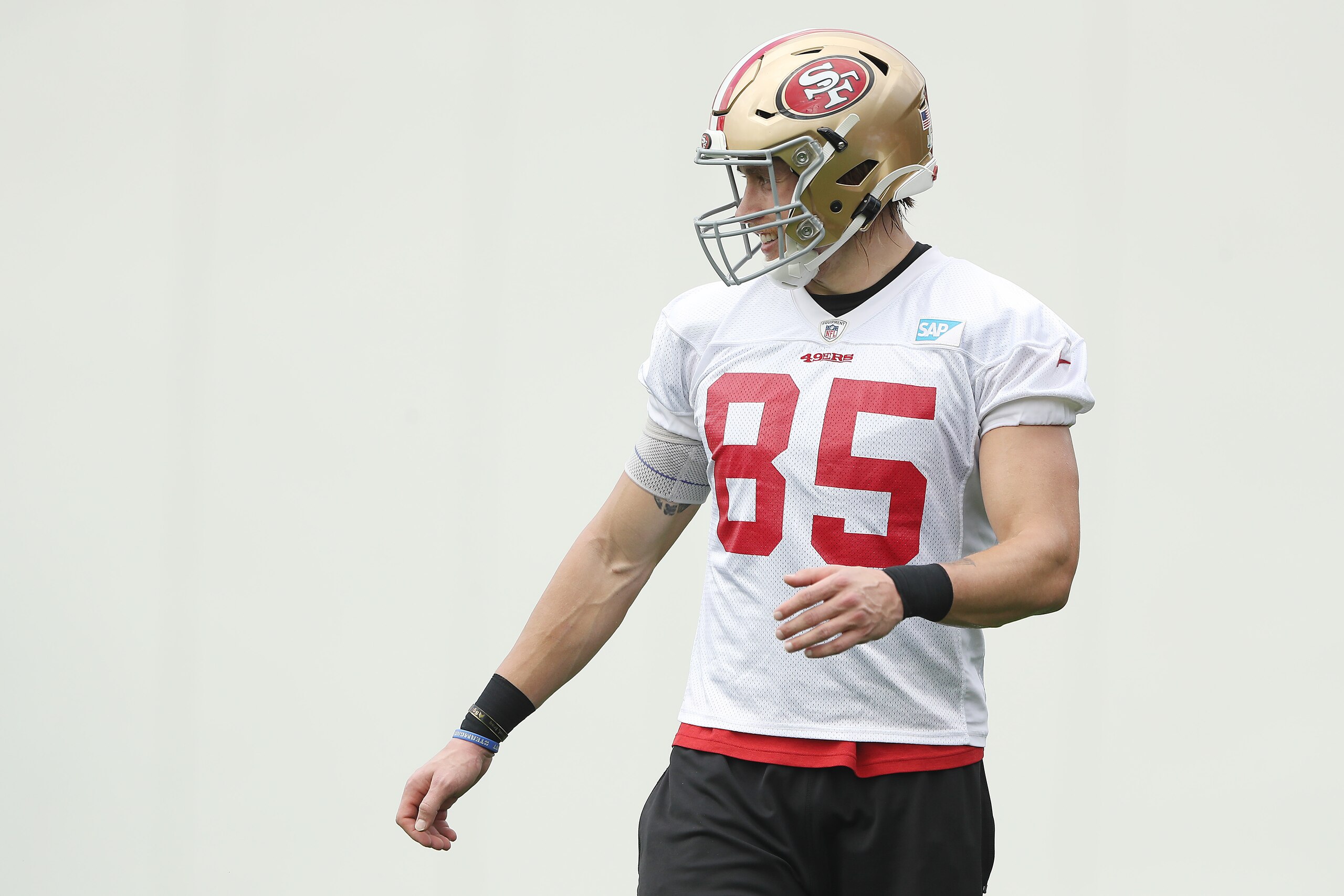 CORAL GABLES, FLORIDA - JANUARY 29:  George Kittle #85 of the San Francisco 49ers stretches during practice for Super Bowl LIV at the Greentree Practice Fields on the campus of the University of Miami on January 29, 2020 in Coral Gables, Florida. (Photo b