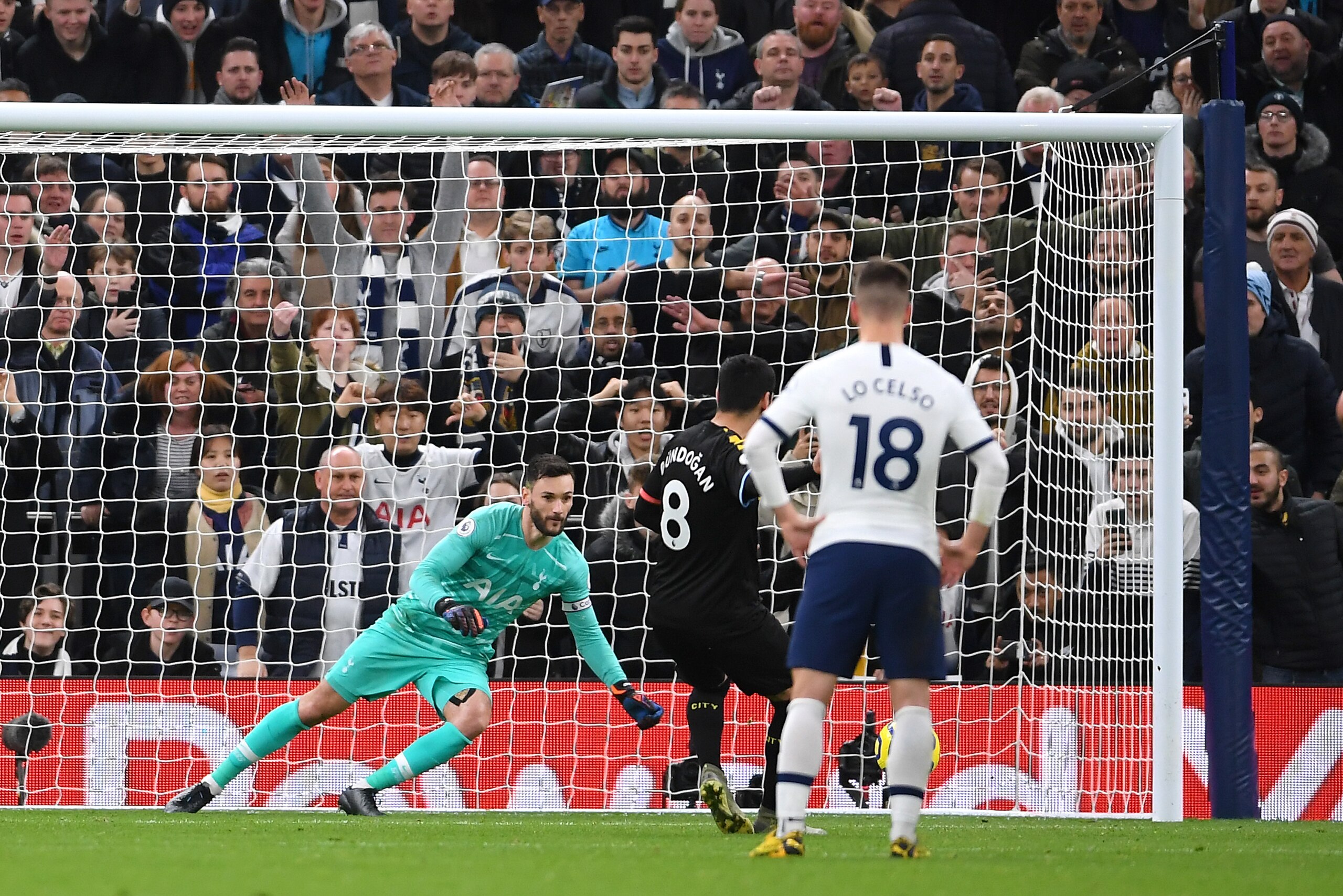 LONDON, ENGLAND - FEBRUARY 02: Hugo Lloris of Tottenham Hotspur saves a penalty from Ilkay Gundogan of Manchester City during the Premier League match between Tottenham Hotspur and Manchester City at Tottenham Hotspur Stadium on February 02, 2020 in Londo