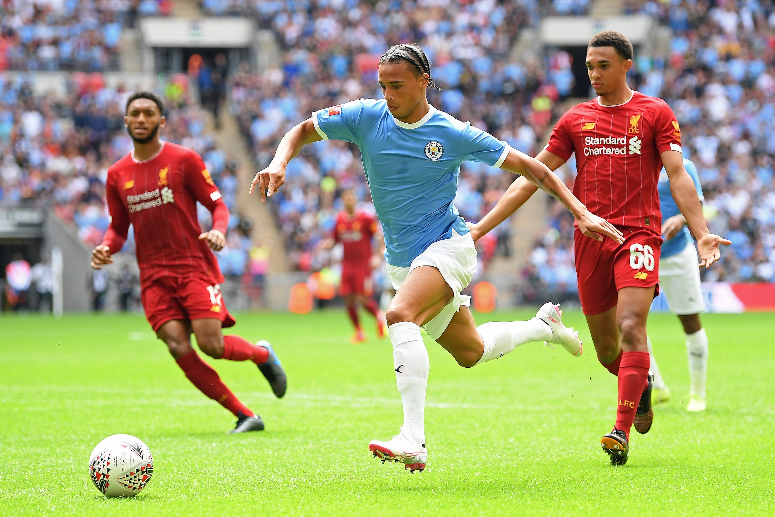 LONDON, ENGLAND - AUGUST 04: Leroy Sane of Manchester City runs with the ball during the FA Community Shield match between Liverpool and Manchester City at Wembley Stadium on August 04, 2019 in London, England. (Photo by Michael Regan/Getty Images)