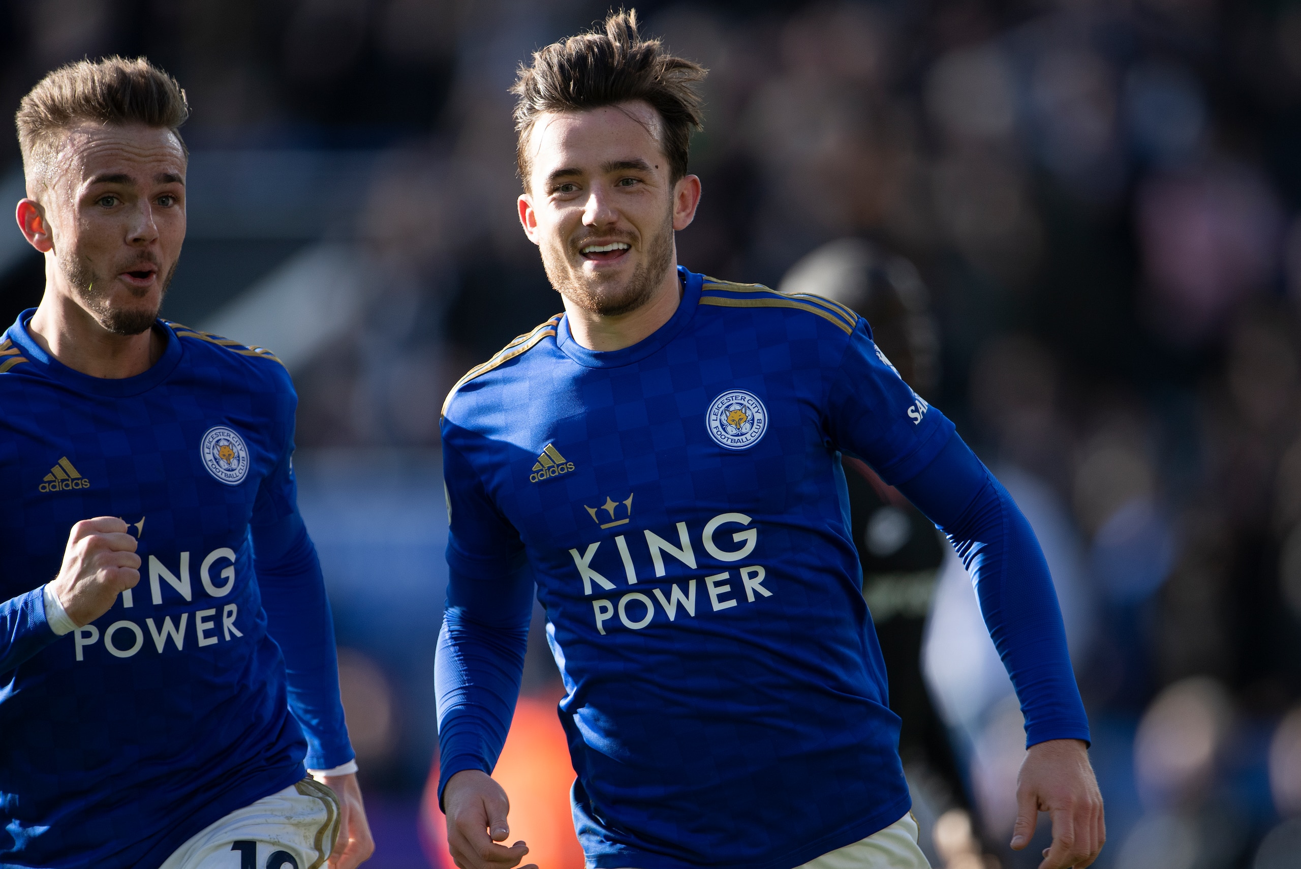 LEICESTER, ENGLAND - FEBRUARY 01: Ben Chilwell of Leicester City celebrates scoring Leicester's second goal with James Maddison during the Premier League match between Leicester City and Chelsea FC at The King Power Stadium on February 01, 2020 in Leicest