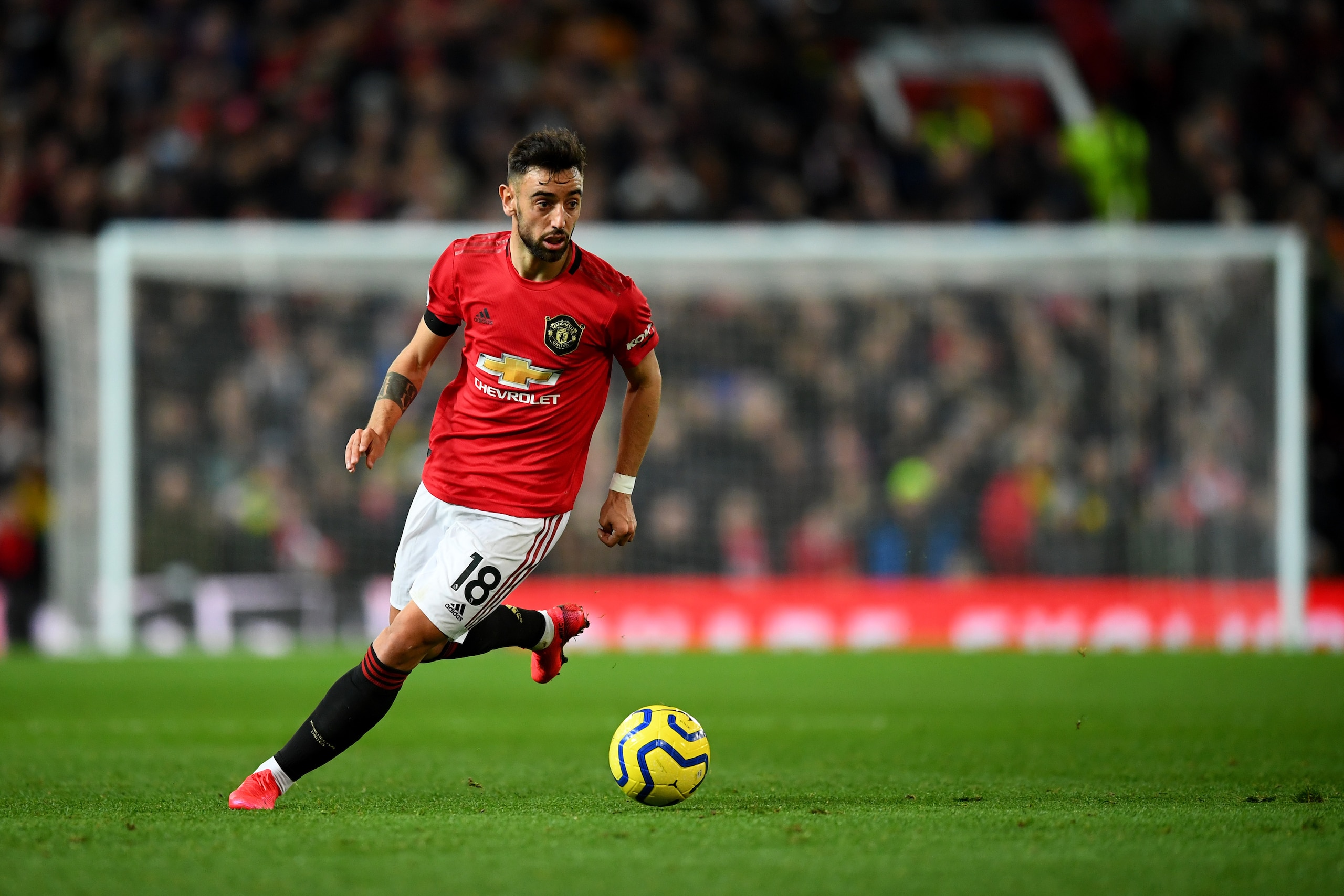 MANCHESTER, ENGLAND - FEBRUARY 01: Bruno Fernandes of Manchester United in action during the Premier League match between Manchester United and Wolverhampton Wanderers at Old Trafford on February 01, 2020 in Manchester, United Kingdom. (Photo by Clive Mas MANCHESTER, ENGLAND - FEBRUARY 01: Bruno Fernandes of Manchester United in action during the Premier League match between Manchester United and Wolverhampton Wanderers at Old Trafford on February 01, 2020 in Manchester, United Kingdom. (Photo by Clive Mas