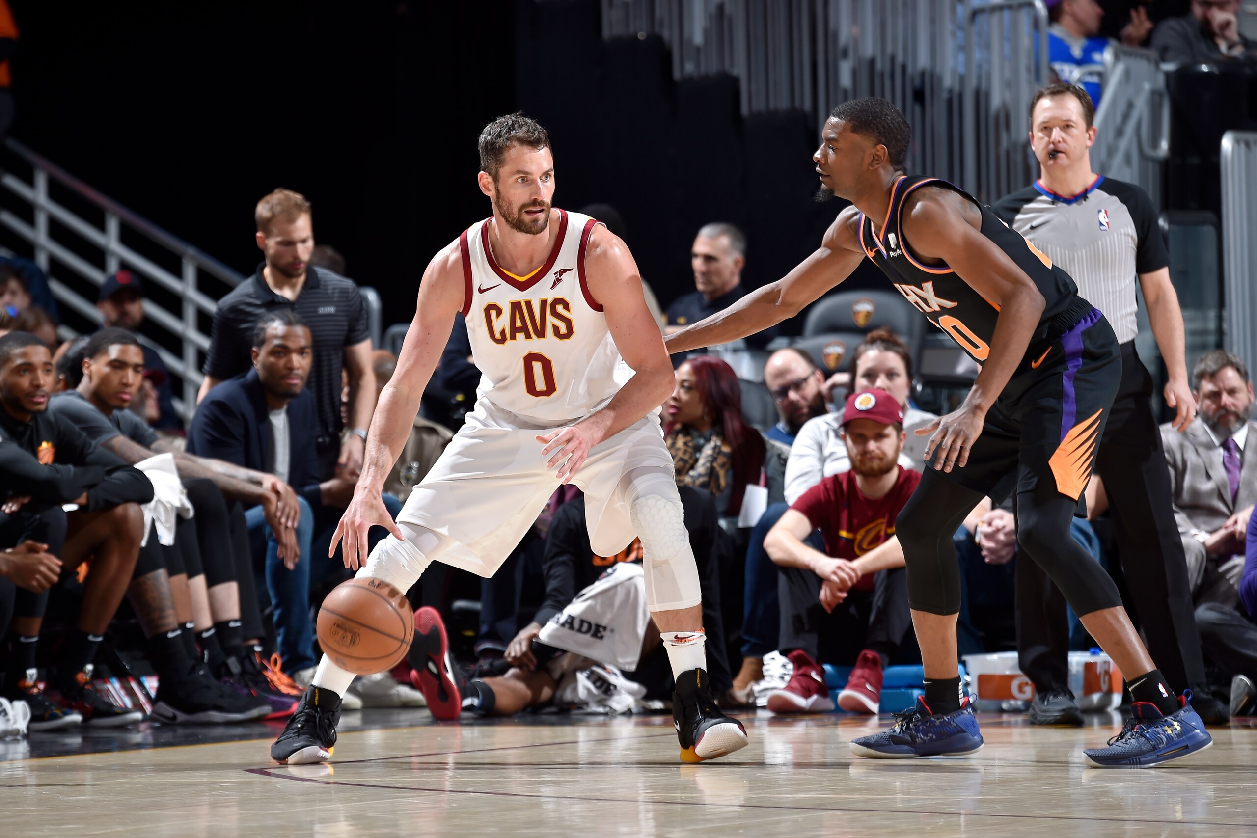 CLEVELAND, OH - FEBRUARY 21: Kevin Love #0 of the Cleveland Cavaliers handles the ball against the Phoenix Suns on February 21, 2019 at Quicken Loans Arena in Cleveland, Ohio. NOTE TO USER: User expressly acknowledges and agrees that, by downloading and/o