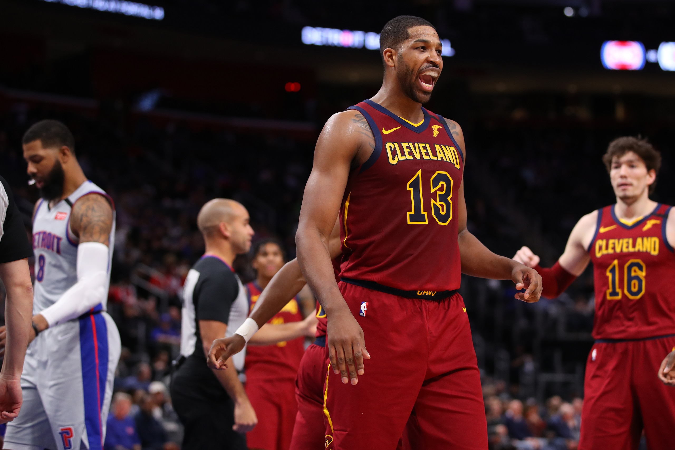 DETROIT, MICHIGAN - JANUARY 27: Tristan Thompson #13 of the Cleveland Cavaliers reacts to a second half basket against the Detroit Pistons at Little Caesars Arena on January 27, 2020 in Detroit, Michigan. Cleveland won the game 115-100. NOTE TO USER: User
