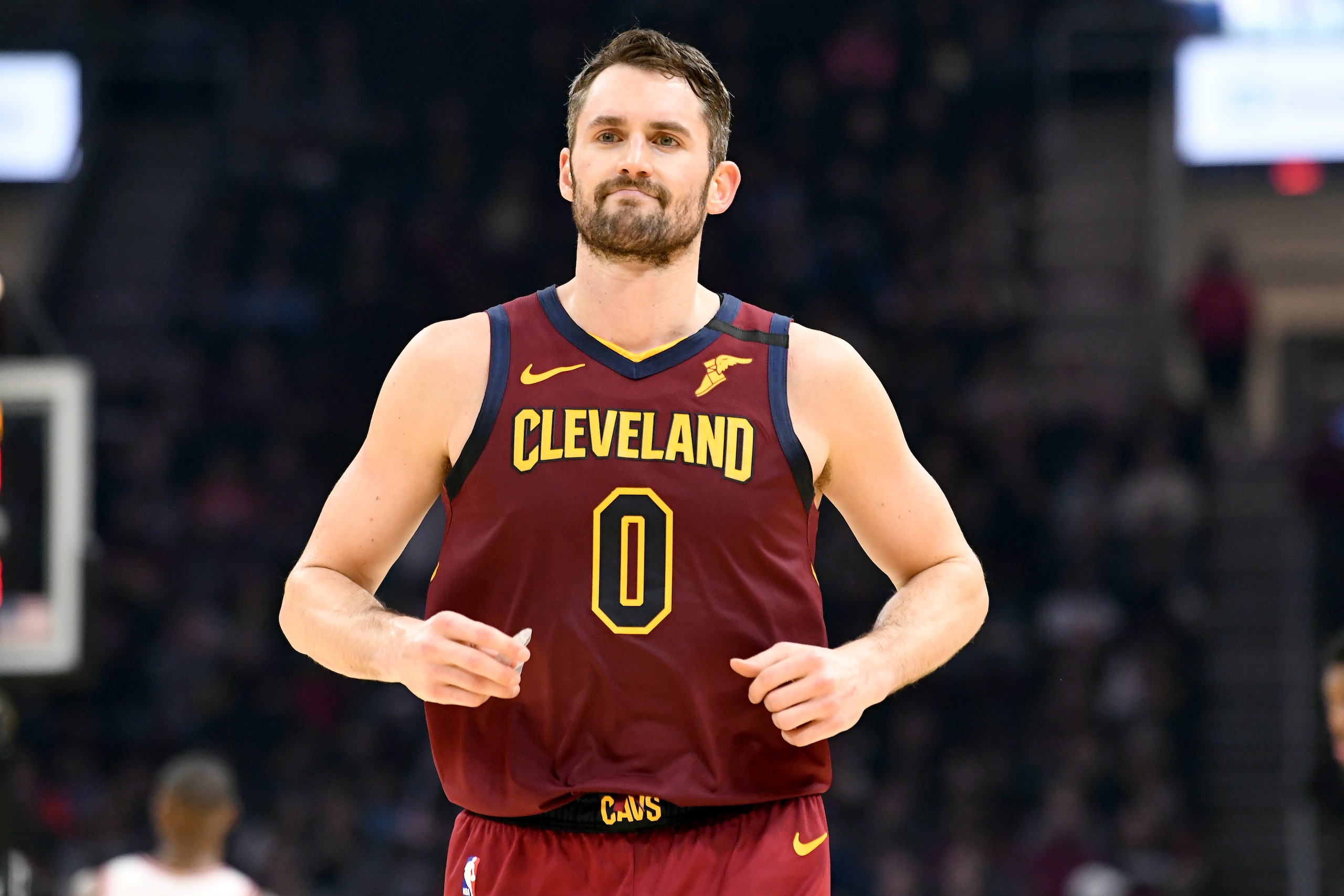 CLEVELAND, OHIO - JANUARY 25: Kevin Love #0 of the Cleveland Cavaliers runs down court during the first half against the Chicago Bulls at Rocket Mortgage Fieldhouse on January 25, 2020 in Cleveland, Ohio. NOTE TO USER: User expressly acknowledges and agre CLEVELAND, OHIO - JANUARY 25: Kevin Love #0 of the Cleveland Cavaliers runs down court during the first half against the Chicago Bulls at Rocket Mortgage Fieldhouse on January 25, 2020 in Cleveland, Ohio. NOTE TO USER: User expressly acknowledges and agre