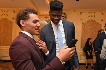 CHICAGO - MAY 15: NBA Draft Prospects Trae Young and Mohamed Bamba are photographed during the 2018 NBA Draft Lottery at the Palmer House Hotel on May 15, 2018 in Chicago Illinois. NOTE TO USER: User expressly acknowledges and agrees that, by downloading 