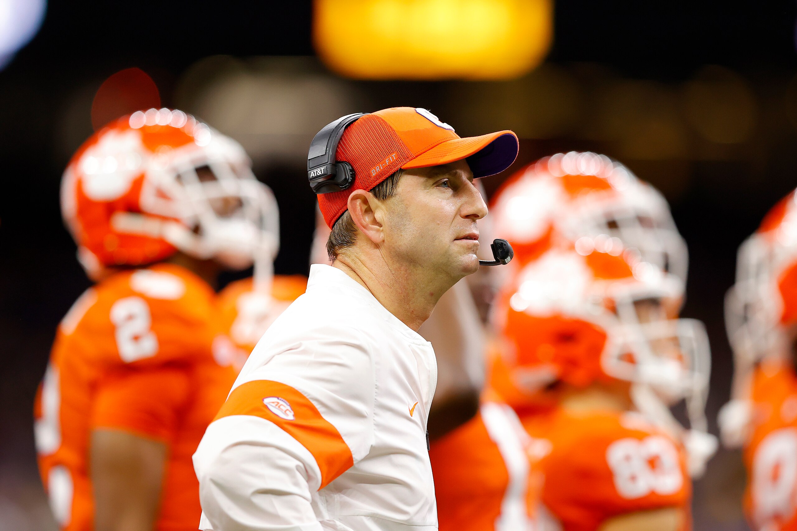 NEW ORLEANS, LOUISIANA - JANUARY 13: Head coach Dabo Swinney of the Clemson Tigers takes to the field after halftime against the LSU Tigers in the College Football Playoff National Championship game at Mercedes Benz Superdome on January 13, 2020 in New Or