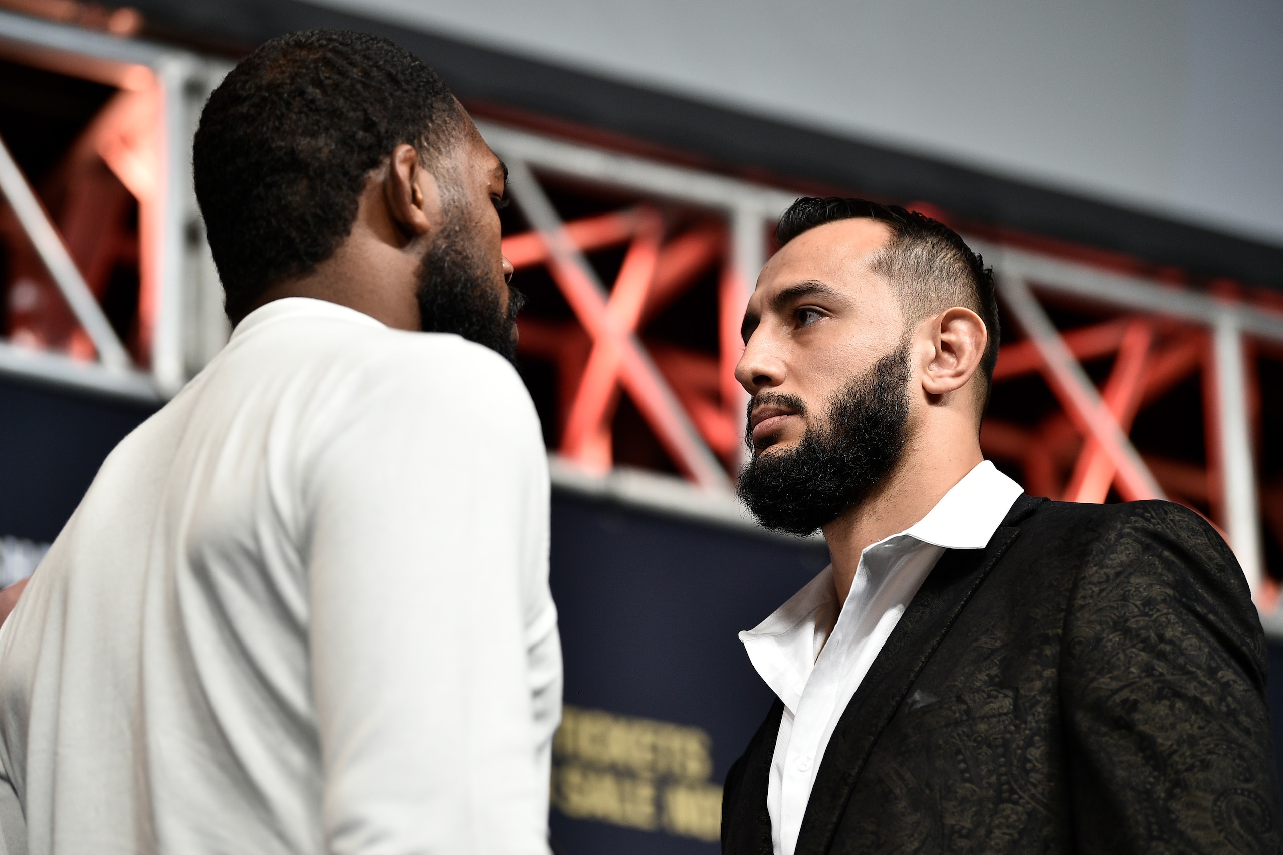 LAS VEGAS, NEVADA - DECEMBER 13:  (R-L) Dominick Reyes and Jon Jones face off during the UFC 247 Press Conference at T-Mobile Arena on December 13, 2019 in Las Vegas, Nevada. (Photo by Chris Unger/Zuffa LLC via Getty Images)