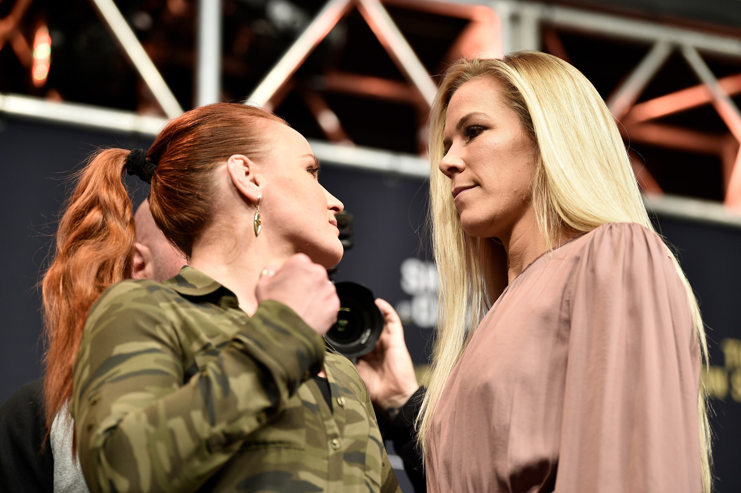 LAS VEGAS, NEVADA - DECEMBER 13:  (L-R) Valentina Shevchenko and Katlyn Chookagian during the UFC 247 Press Conference at T-Mobile Arena on December 13, 2019 in Las Vegas, Nevada. (Photo by Chris Unger/Zuffa LLC via Getty Images)