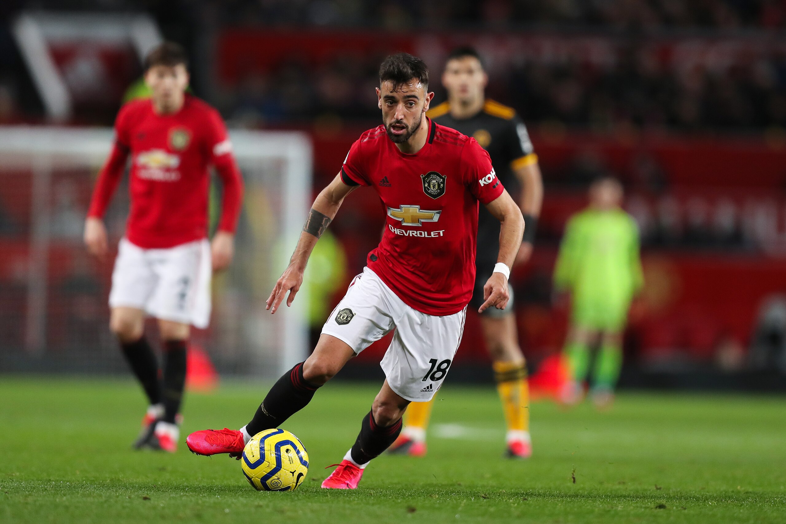 MANCHESTER, ENGLAND - FEBRUARY 01: Bruno Fernandes of Manchester United during the Premier League match between Manchester United and Wolverhampton Wanderers at Old Trafford on February 1, 2020 in Manchester, United Kingdom. (Photo by Matthew Ashton- AMA/