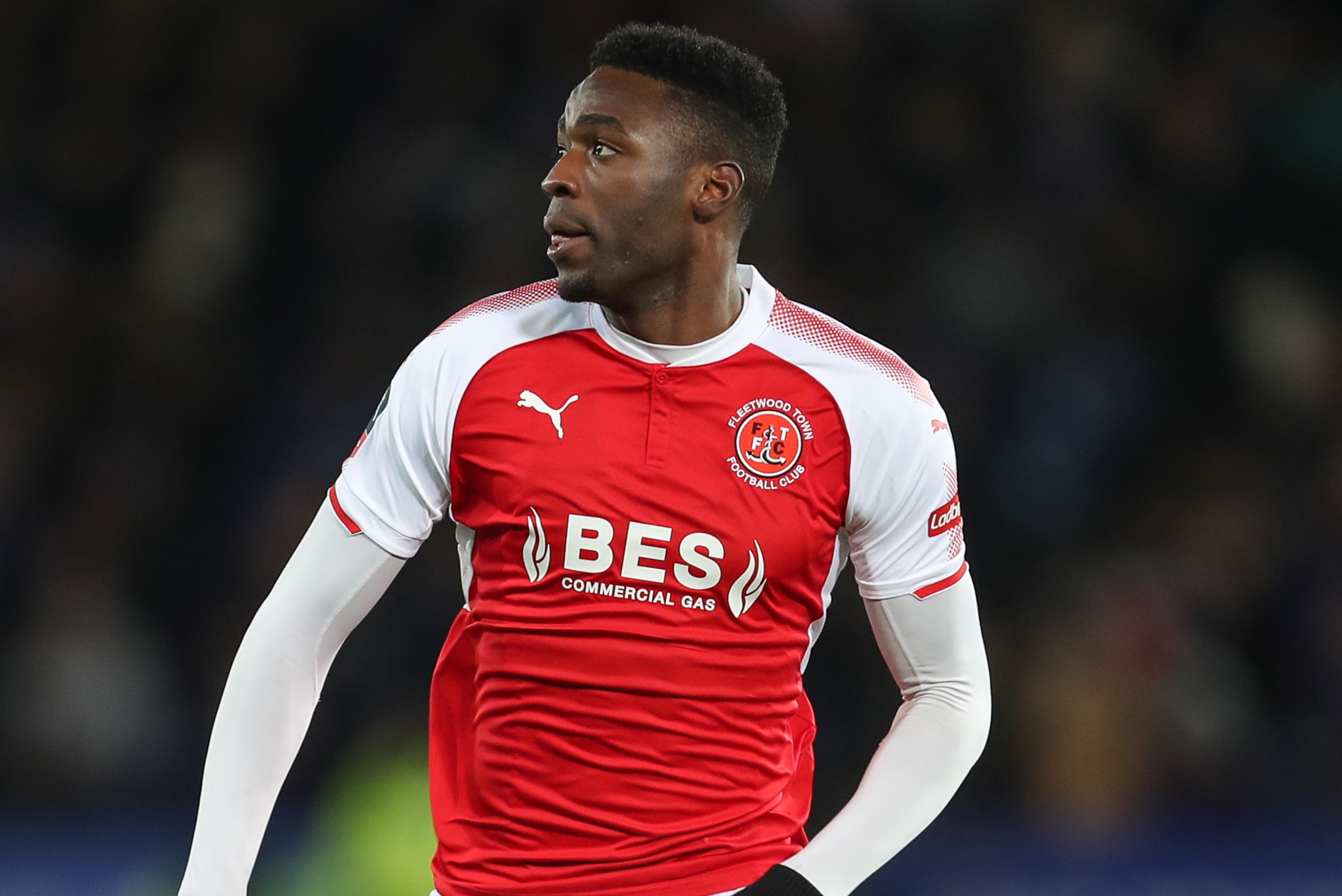 LEICESTER, ENGLAND - JANUARY 16: Devante Cole of Fleetwood Town during The Emirates FA Cup Third Round Replay match between Leicester City and Fleetwood Town at The King Power Stadium on January 16, 2018 in Leicester, England. (Photo by Robbie Jay Barratt