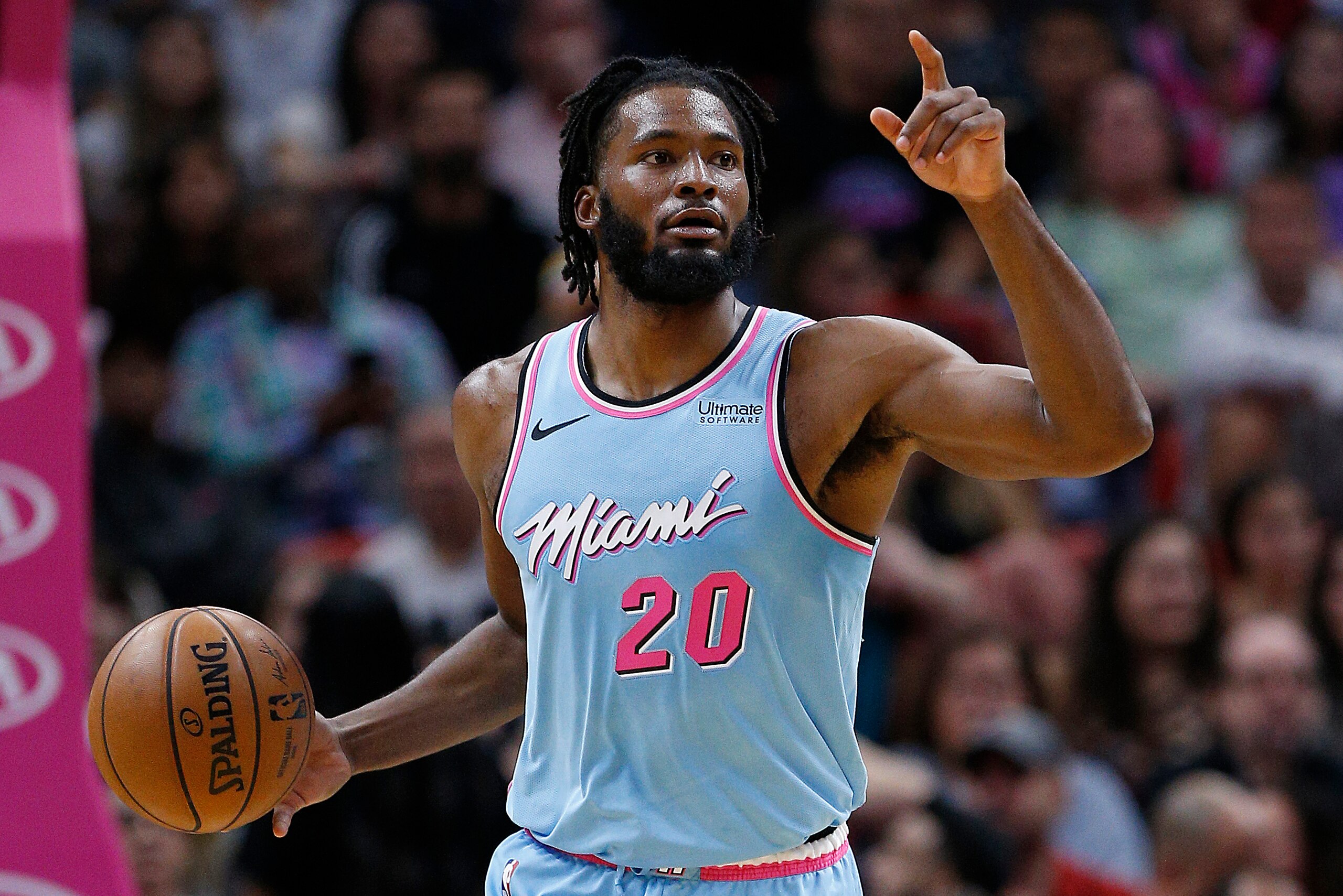 MIAMI, FLORIDA - NOVEMBER 29: Justise Winslow #20 of the Miami Heat in action against the Golden State Warriors during the second half at American Airlines Arena on November 29, 2019 in Miami, Florida. NOTE TO USER: User expressly acknowledges and agrees MIAMI, FLORIDA - NOVEMBER 29: Justise Winslow #20 of the Miami Heat in action against the Golden State Warriors during the second half at American Airlines Arena on November 29, 2019 in Miami, Florida. NOTE TO USER: User expressly acknowledges and agrees