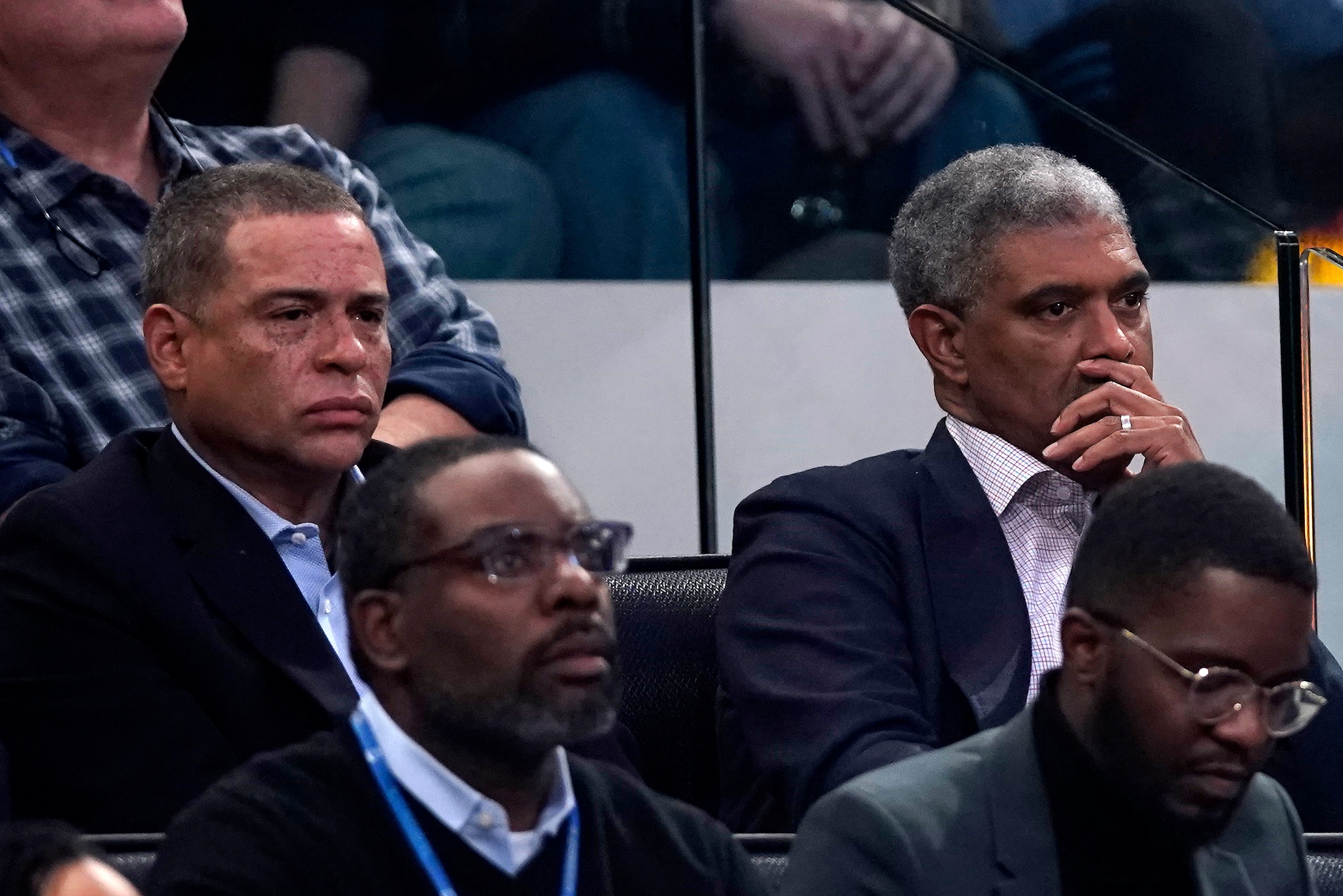NEW YORK, NY - DECEMBER 07:  New York Knicks General Manager Scott Perry and President Steve Mills watch the game in their seats at an NBA basketball game between the Knicks and Indiana Pacers on December 7, 2019 at Madison Square Garden in New York City.