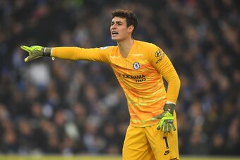 BRIGHTON, ENGLAND - JANUARY 01: Kepa Arrizabalaga of Chelsea shouts instructions during the Premier League match between Brighton & Hove Albion and Chelsea FC at American Express Community Stadium on January 01, 2020 in Brighton, United Kingdom. (Photo by