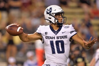 WINSTON SALEM, NORTH CAROLINA - AUGUST 30: Jordan Love #10 of the Utah State Aggies against the Wake Forest Demon Deacons during their game at BB&T Field on August 30, 2019 in Winston Salem, North Carolina. Wake Forest won 38-35. (Photo by Grant Halverson