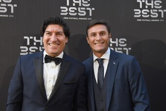 MILAN, ITALY - SEPTEMBER 23:  Ivan Zamorano and Javier Zanett The Best FIFA Football Awards 2019 at the Teatro Alla Scala on September 23, 2019 in Milan, Italy.  (Photo by Claudio Villa/Getty Images)