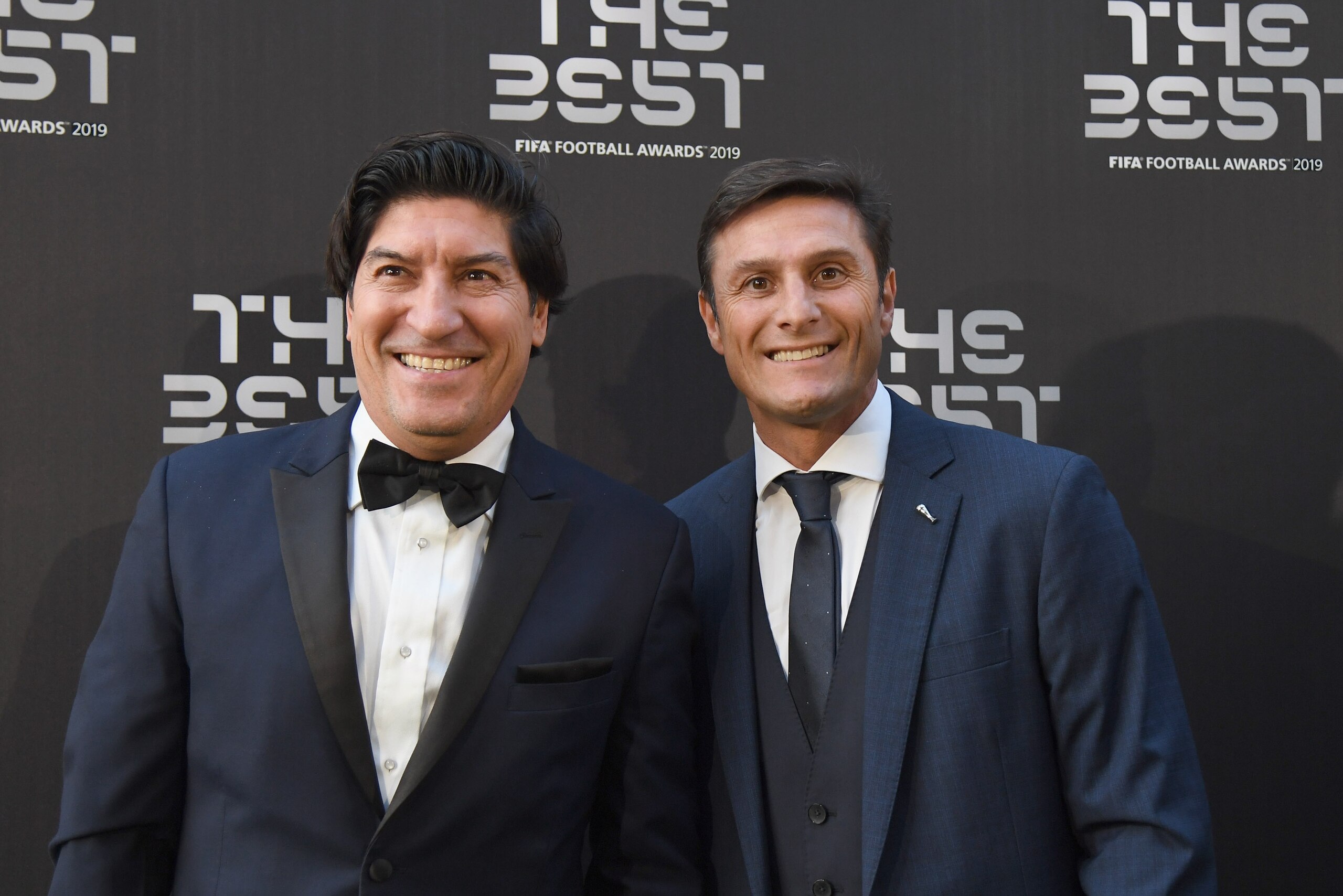 MILAN, ITALY - SEPTEMBER 23:  Ivan Zamorano and Javier Zanett The Best FIFA Football Awards 2019 at the Teatro Alla Scala on September 23, 2019 in Milan, Italy.  (Photo by Claudio Villa/Getty Images)