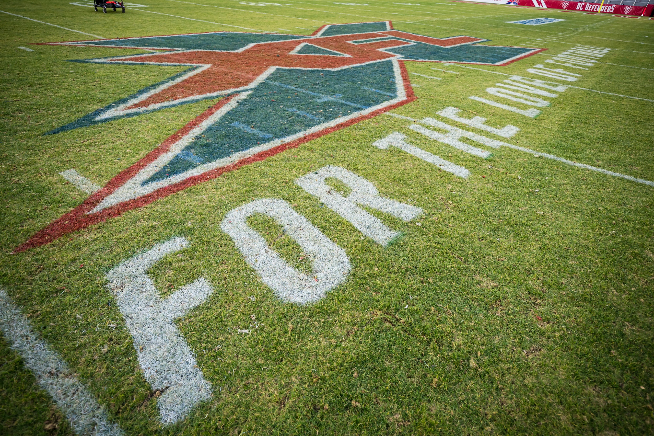WASHINGTON, DC - FEBRUARY 08: A detailed view of the XFL logo on the field during the XFL game between the DC Defenders and the Seattle Dragons at Audi Field on February 8, 2020 in Washington, DC. (Photo by Scott Taetsch/Getty Images)