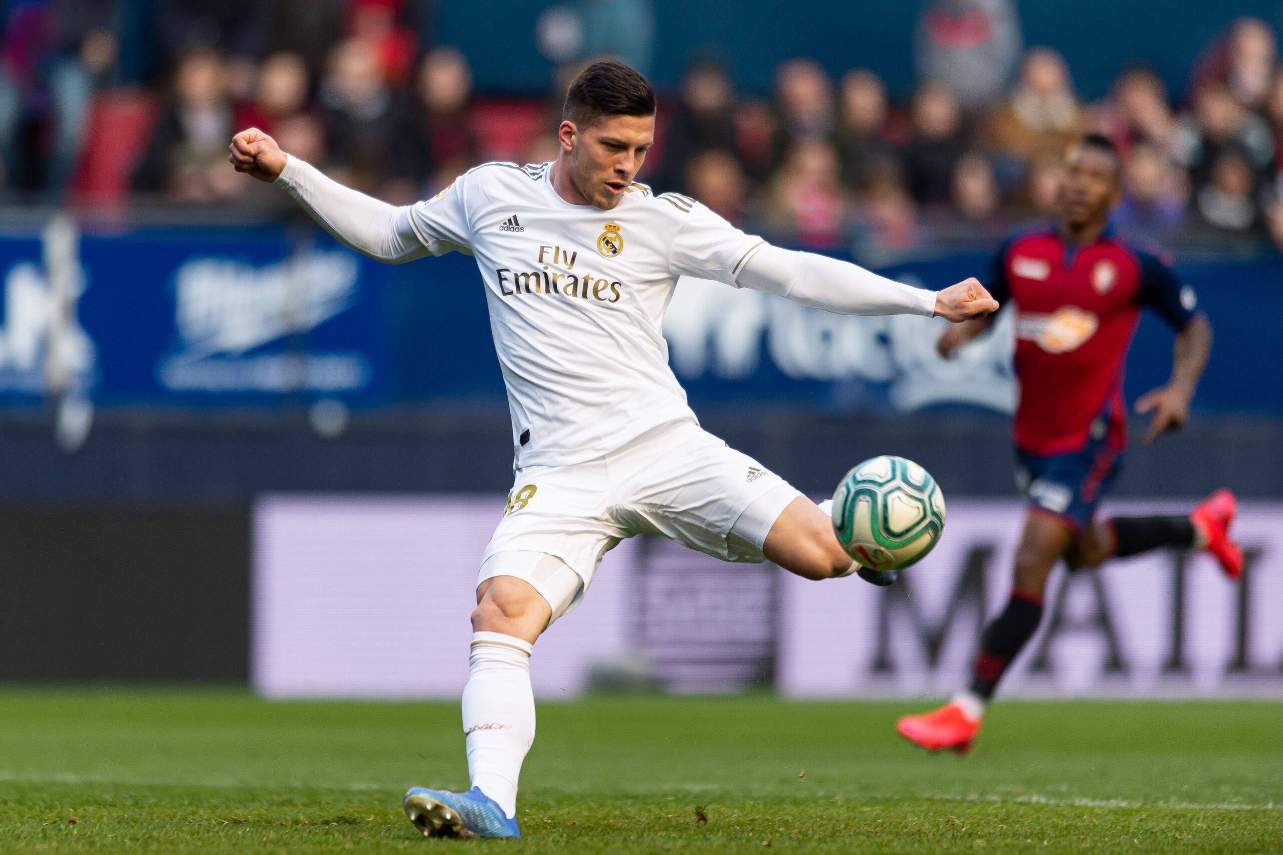 PAMPLONA, SPAIN - FEBRUARY 09: (BILD ZEITUNG OUT) Luka Jovic of Real Madrid scores his team's fourth goal  during the Liga match between CA Osasuna and Real Madrid CF at El Sadar Stadium on February 09, 2020 in Pamplona, Spain. (Photo by Alejandro/DeFodi 