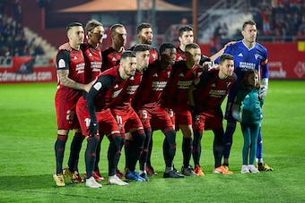 MIRANDA DE EBRO, SPAIN - FEBRUARY 05: Players of CD Mirandes poses on team's line up prior to the Copa del Rey Quarter Final match between CD Mirandes and Villarreal CF at Estadio de Anduva on February 05, 2020 in Miranda de Ebro, Spain. (Photo by Quality